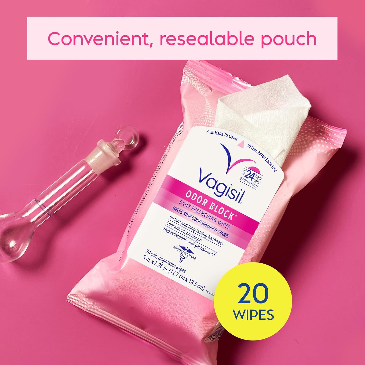 Vagisil Odor Block Daily Freshening Wipes for Feminine Hygiene in Resealable Pouch, Gynecologist Tested & Hypoallergenic, 20 Wipes (Pack of 3) - Image 5