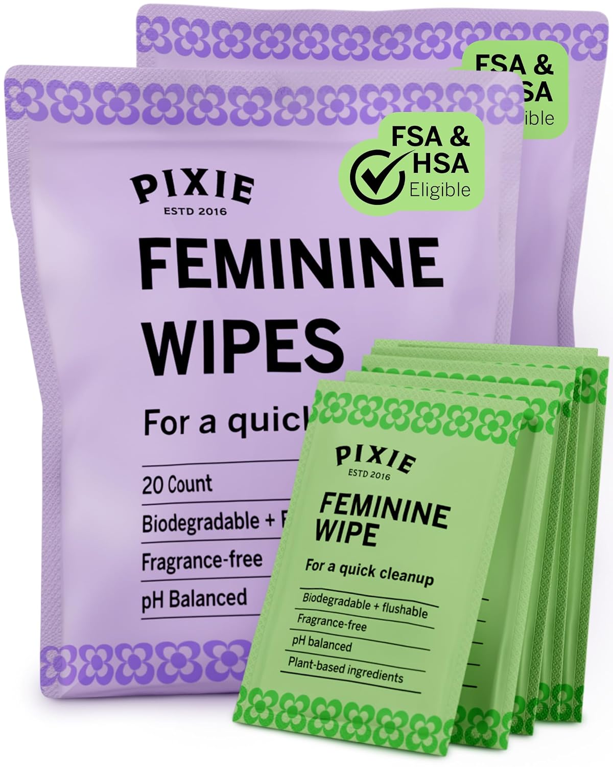 Pixie Feminine Wipes - Flushable, Biodegradable, & Ph Balanced - Individually Wrapped Packet Wipes for On The Go & Public Bathrooms - Wash & Cleaner For Your Menstrual Cups & Discs (2 Packs of 20)