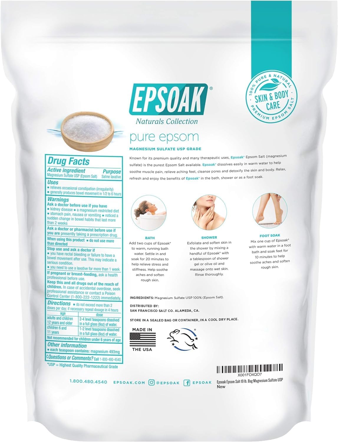 Epsoak Epsom Salt 19 lb. Magnesium Sulfate USP. Resealable Epsom Salt Bag Unscented, Made in The USA, Cruelty-Free Certified - Image 7