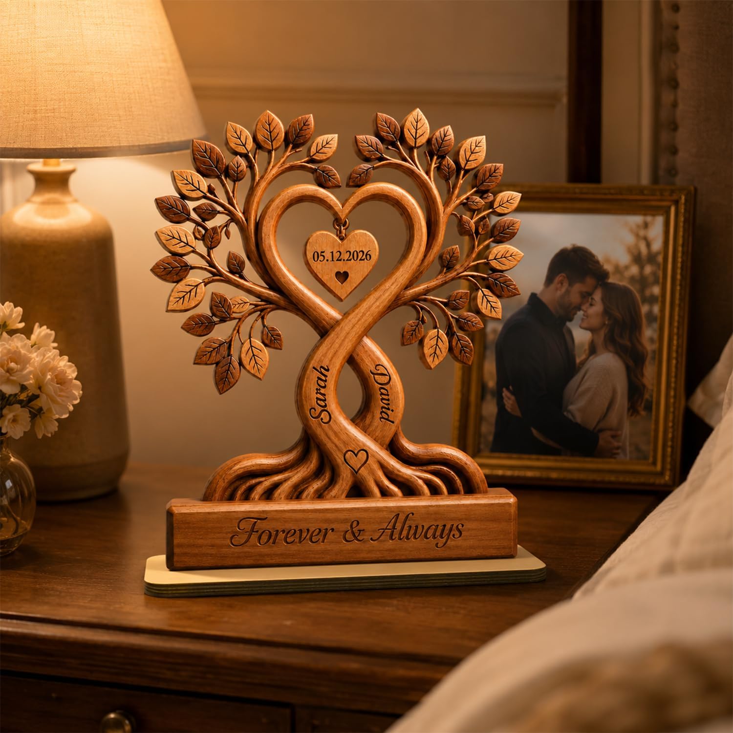 Personalized Couple Heart Tree Wooden Plaque, Custom Wooden Tree Plaque for Couples, Customized Couple Gifts for Him and Her, Wife Husband Birthday Gift, Anniversary Table Decorations - Image 2