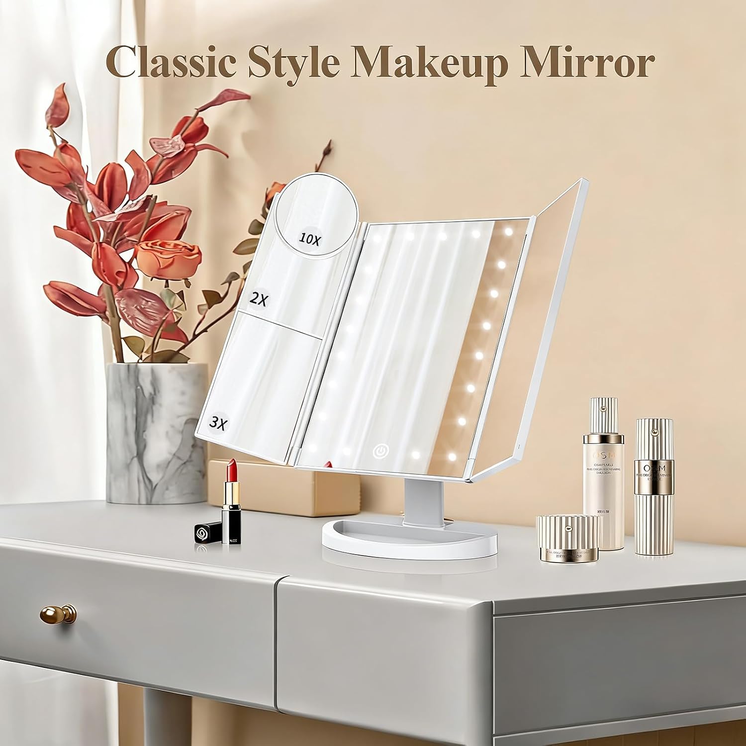 HUONUL 2X/3X/10X Magnifying Vanity Mirror with Light, Trifold Makeup Mirror | Touch Dimming, Dual Power, Clear View for Makeup, Skincare. Dorm Room Essentials. Birthday Gifts for Women, Mom, Wife, Girls - Image 8