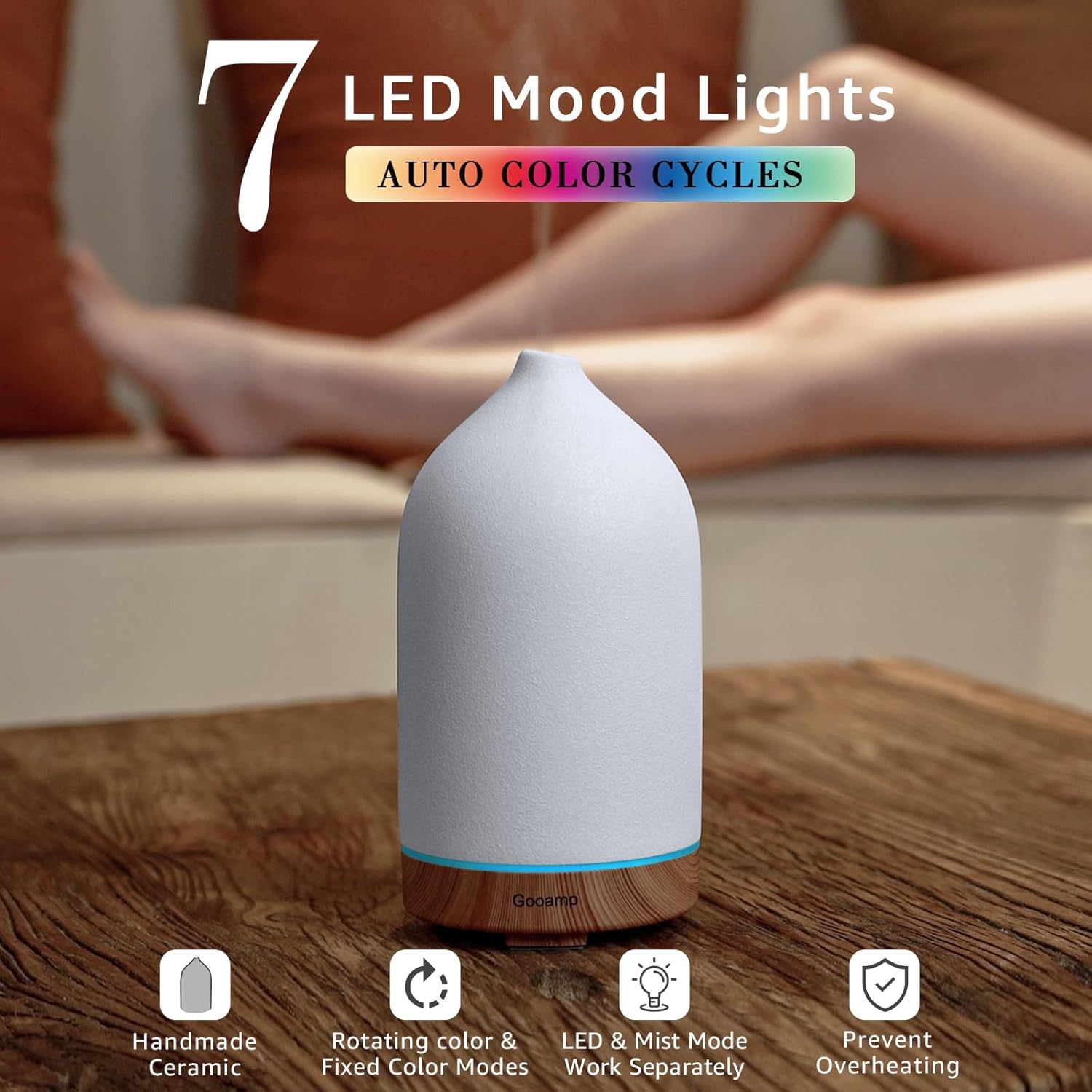 200ML Ceramic Essential Oil Diffuser for Home, Stone Diffuser | Ultrasonic Aromatherapy Diffuser & Air Humidifier for Bedroom, Office, Yoga, 7 LED Lights, Auto Shut-Off, 3 Timers,Wood Grain - Image 3