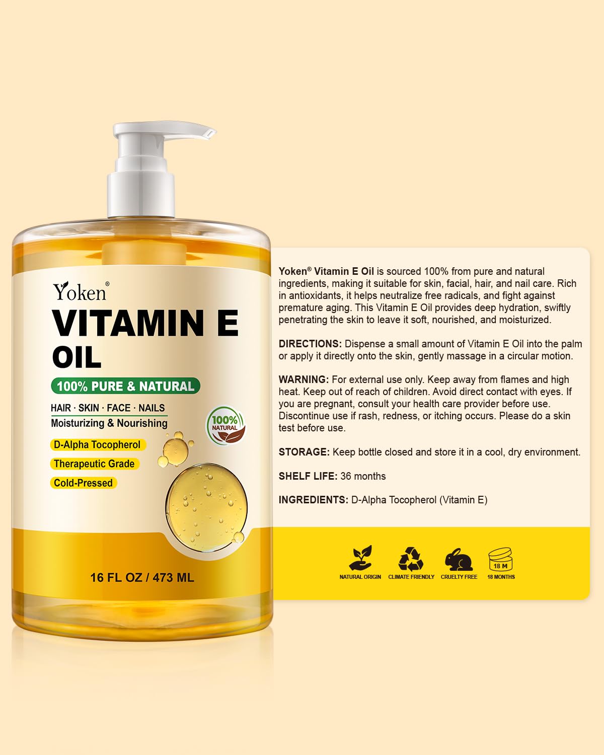 Yoken Vitamin E Oil for Skin 16 Oz Body Bath DIY oils for Face Cold Pressed | Pure D-Alpha Tocopherol Liquid Vitamina Nails Vit e Women Moisturizing Dry Skin Unscented Carrier Oil Hydrate Hexane Free - Image 6