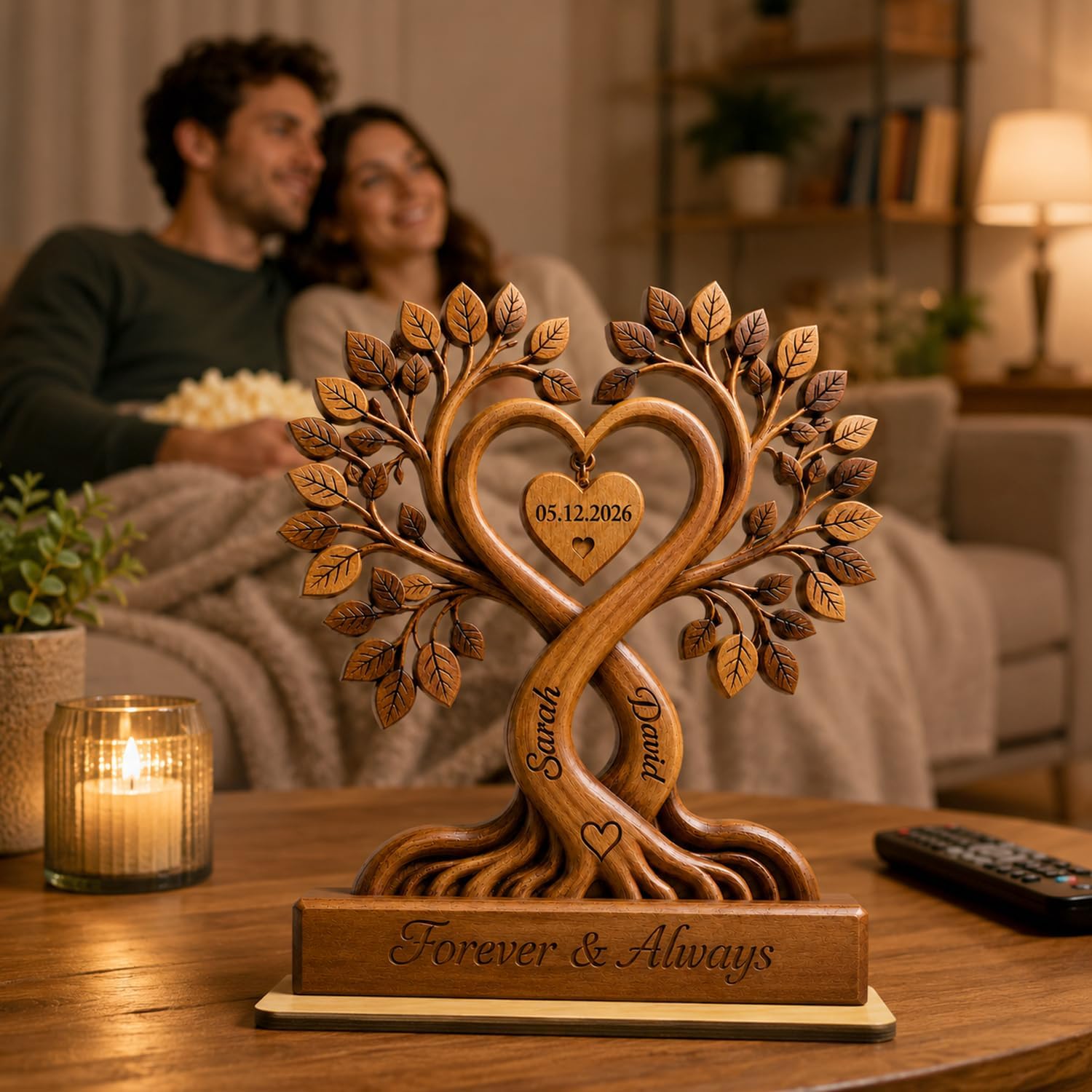 Personalized Couple Heart Tree Wooden Plaque, Custom Wooden Tree Plaque for Couples, Customized Couple Gifts for Him and Her, Wife Husband Birthday Gift, Anniversary Table Decorations - Image 6