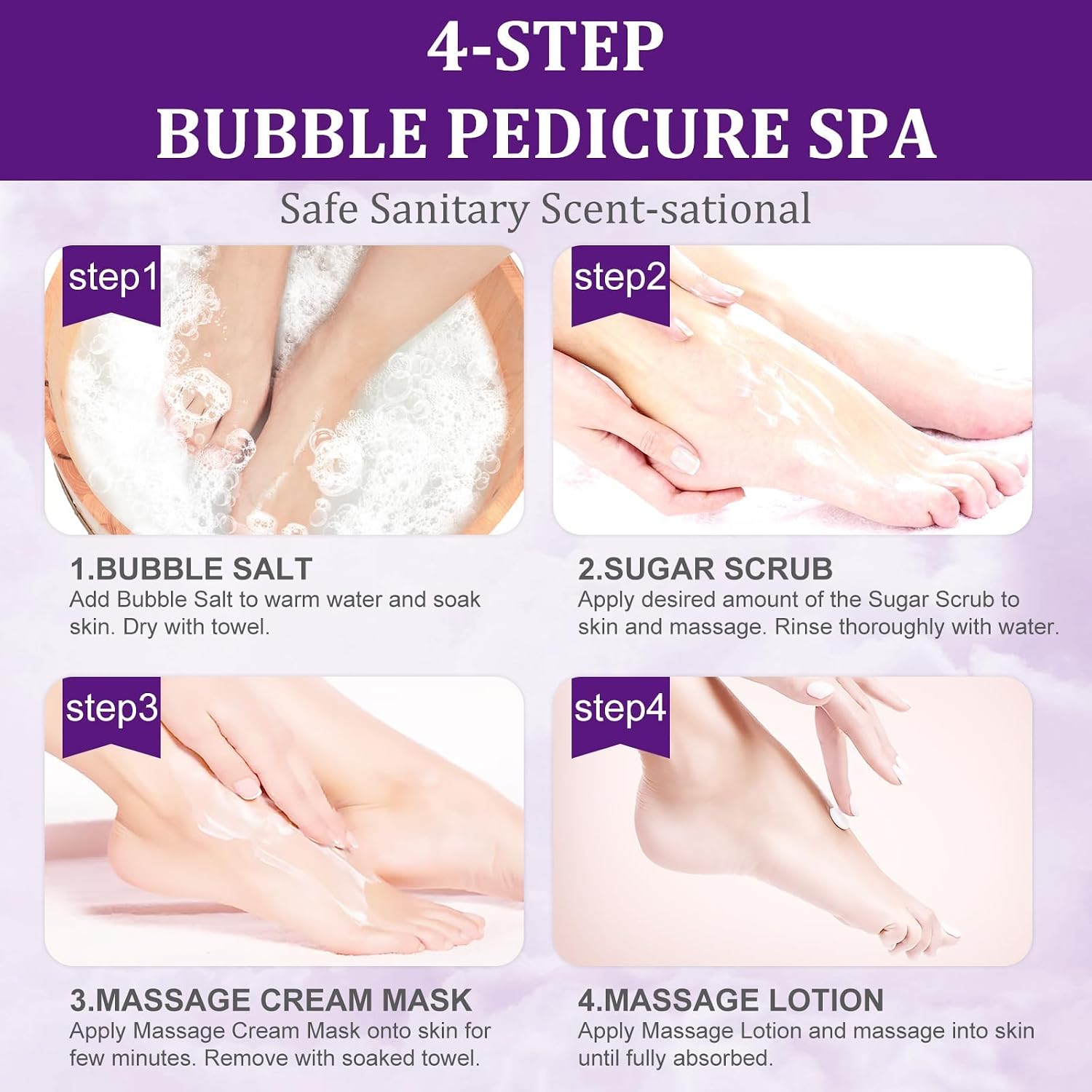 Pedicure Kit Foot Soak Set: Bubble Salt, Sugar Scrub, Massage Mask, Massage Lotion in a Box, 4 Step Foot Spa Kit for Dry Feet, Softens Calluses, Tired Feet(3 Set Lavender) - Image 6
