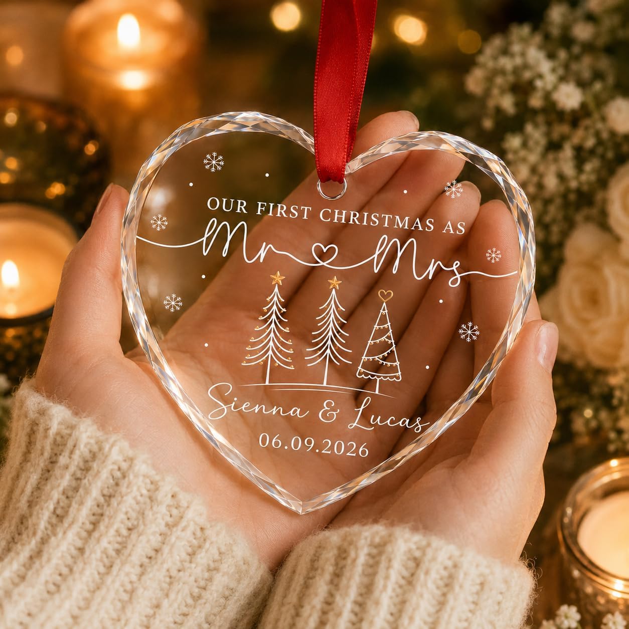 Mr Mrs Ornament - Christmas Wedding Gift for Newlywed Couple - Merry & Married Glass Ornament - Our 1st Christmas Mr Mrs Gifts for Bride, Groom, Husband, Wife - Image 3