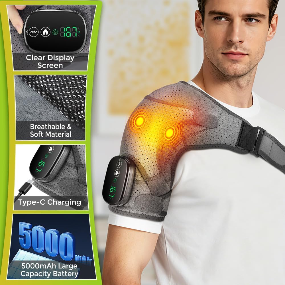 Cordless Shoulder Heating Pad, FSA Eligible Heated Shoulder Massager | 3 Vibration and Heating Modes, Breathable Fabric, HD Display, 5000mAh Battery, Adjustable Size, for Rotator Cuff - Image 5