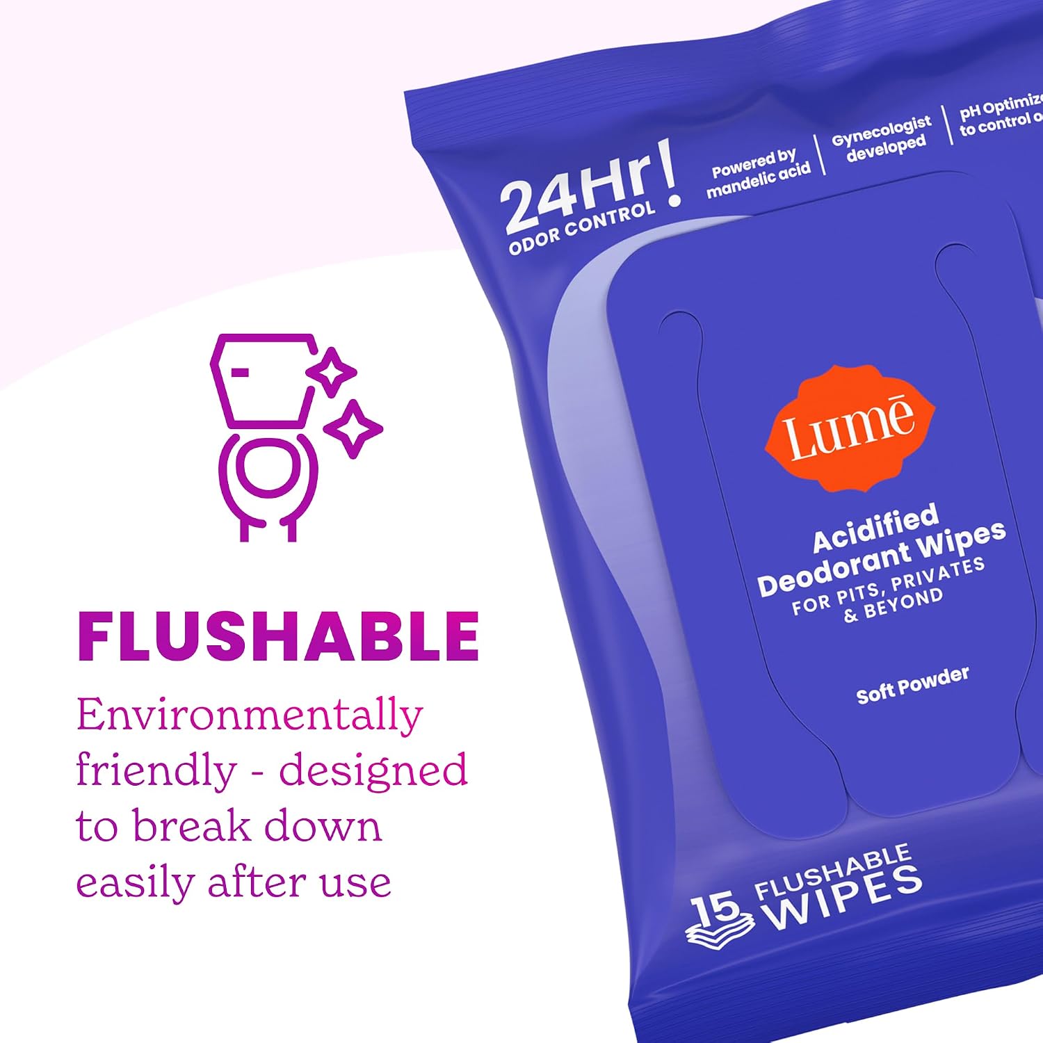 Lume Acidified Deodorant Wipes - 15 ct, 3 pk (Soft Powder) | 24-Hour Odor Control, Aluminum & Baking Soda Free, Flushable Whole-Body Deodorant Wipes for Women - Image 7