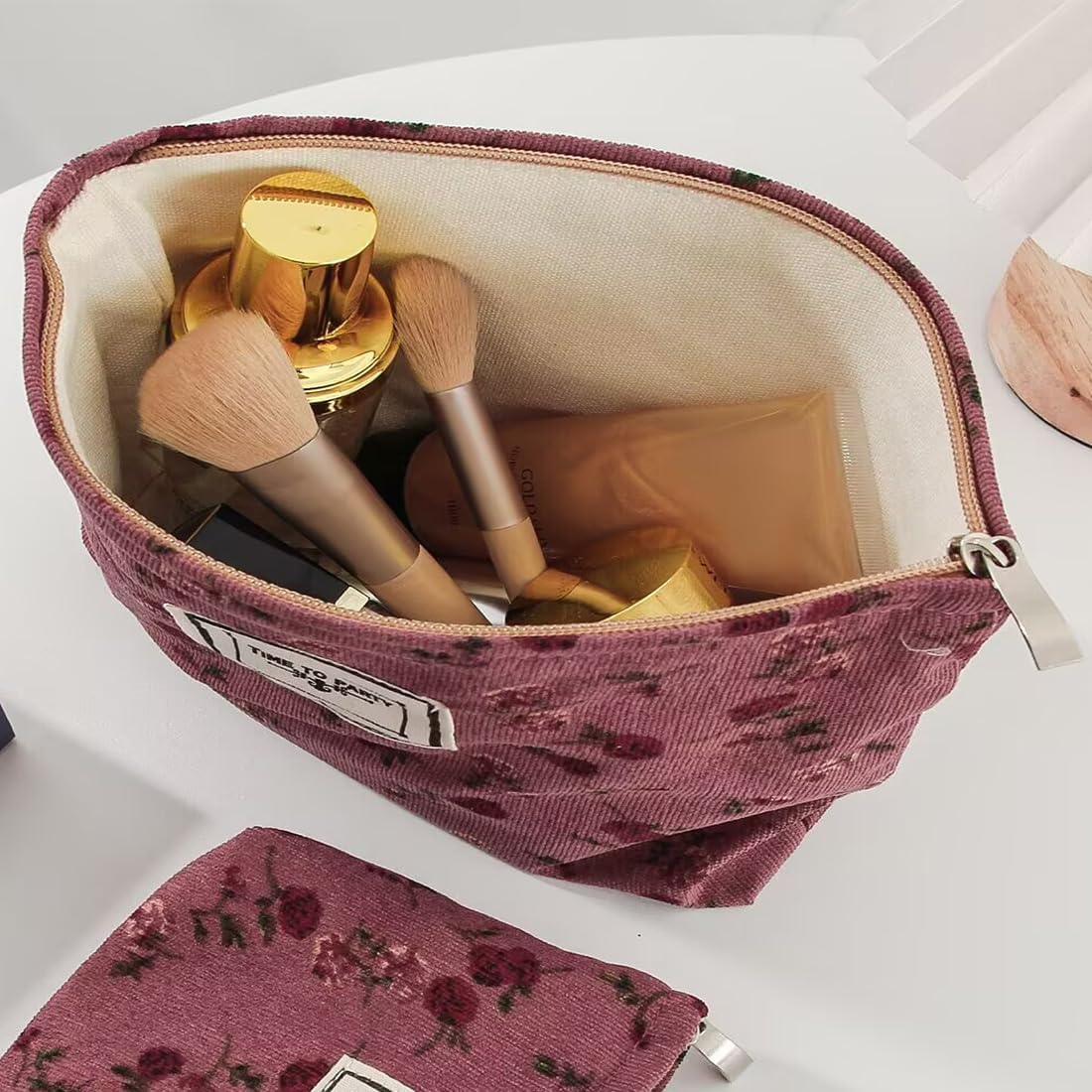 Cosmetic Bags for Women, Large Floral Makeup Bag for Purse, Dark Red Rose | Travel Toiletry Zipper Canvas Pouch, Bag Organizer for Travel Essentials, Make Up Brushes Storage, Purse Organizer Pouches - Image 3