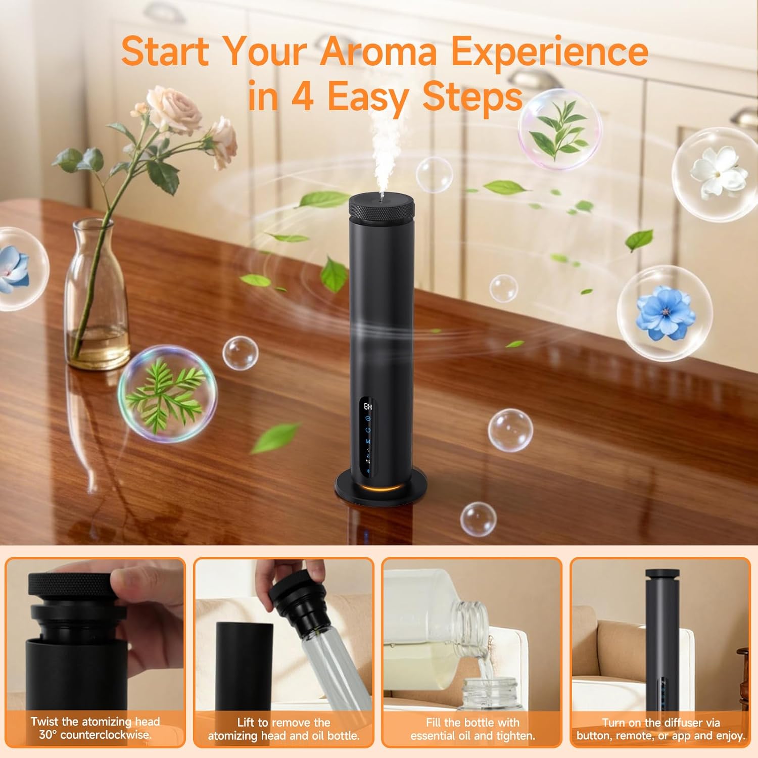 Waterless Essential Oil Diffuser, 1000 Sq.Ft Coverage, Smart App & Remote Control Scent Machine, 3 Color Ambient Lights, Adjustable Mist, Quiet Aromatherapy Diffuser for Home Large Room Hotel, Black - Image 6