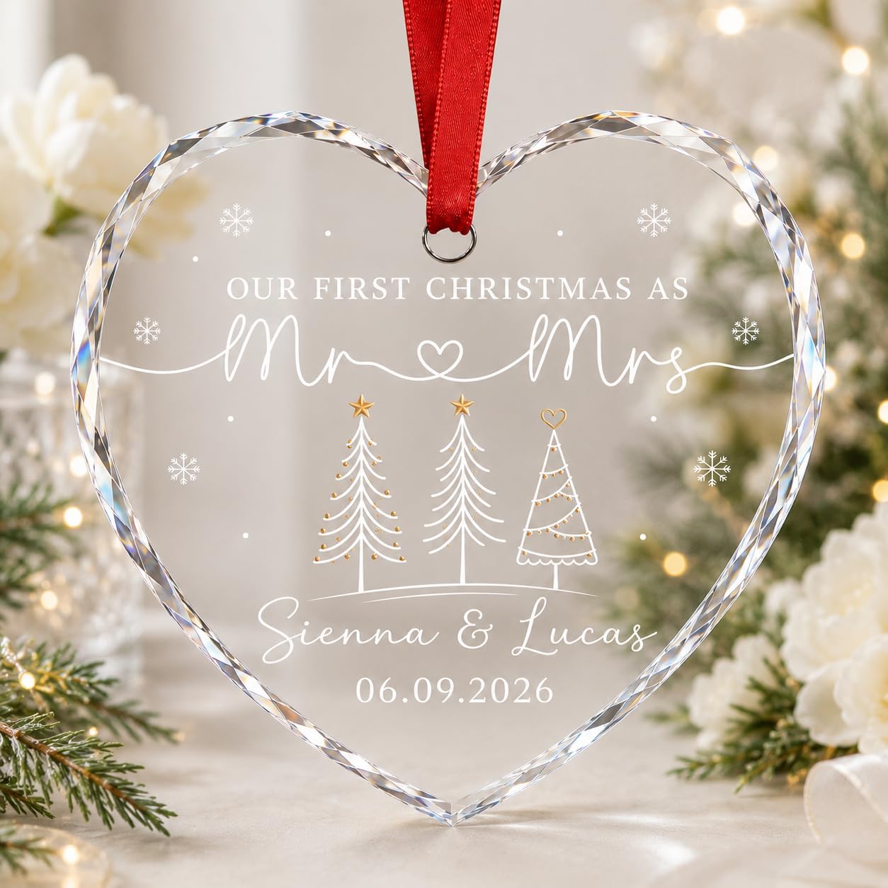 Mr Mrs Ornament - Christmas Wedding Gift for Newlywed Couple - Merry & Married Glass Ornament - Our 1st Christmas Mr Mrs Gifts for Bride, Groom, Husband, Wife - Image 7