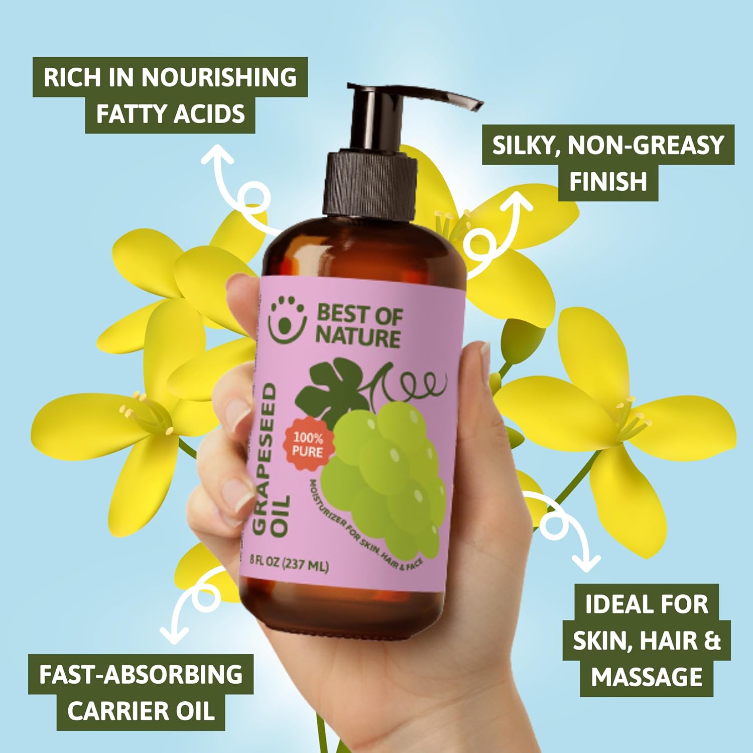 Best of Nature 100% Pure Grapeseed Oil - Unscented, Lightweight, Non-Greasy Moisturizer for Hair, Skin, Face & Aromatherapy, Carrier Oil for Essential Oils, Half Gallon (64 fl oz) - Image 5