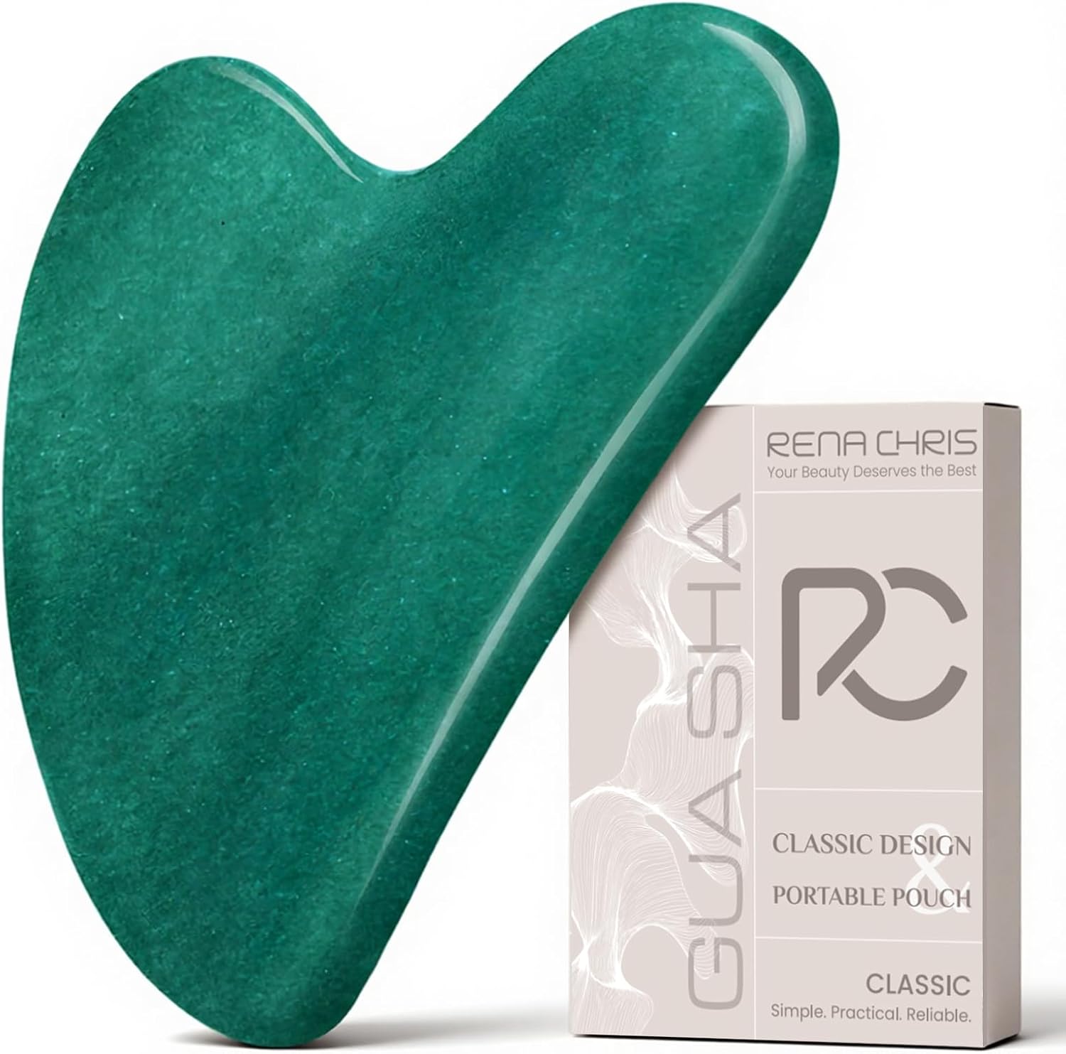 Rena Chris Gua Sha Facial Tools: Jade Stone Guasha Tool for Face Acupuncture Therapy, Facial Massager for Jawline Sculpting and Puffiness Reducing (Green)