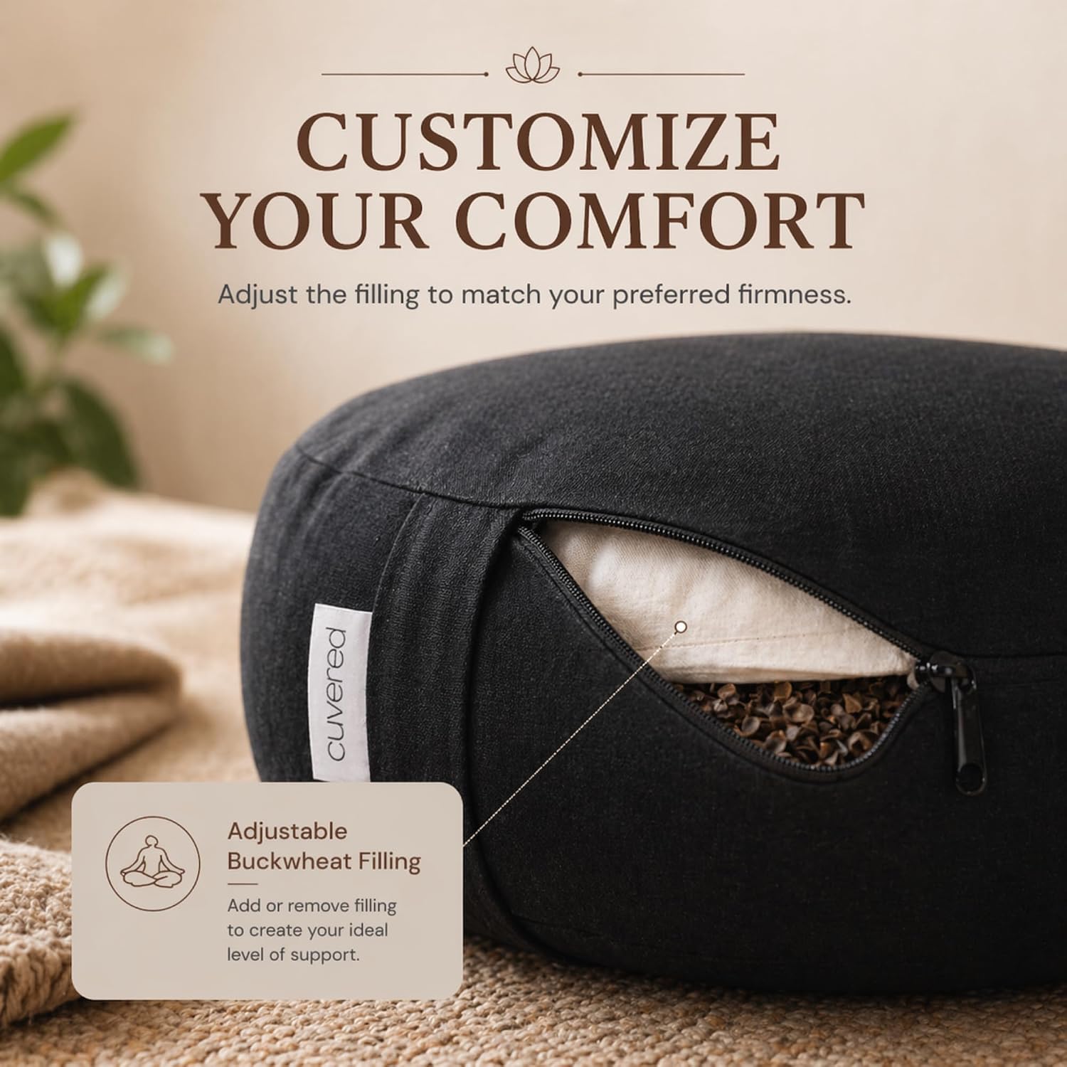 Meditation Cushion - 15" Buckwheat Pillow with Removable Cotton Cover and Carry Handle - Round Floor Cushion for Yoga, Meditation, Pilates, and Floor Sitting - Meditation Pillow by Cuvered - Image 7