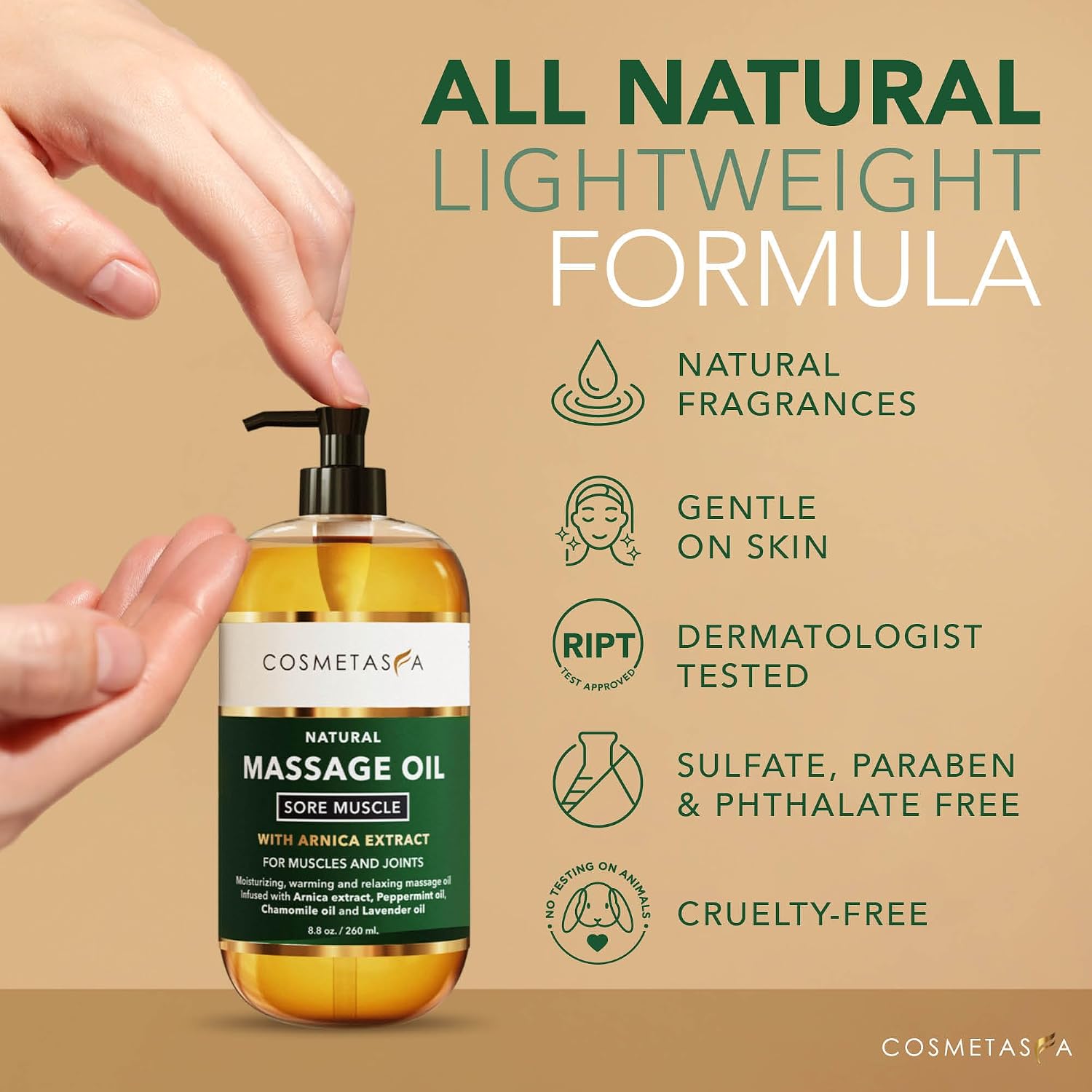 Cosmetasa Sore Muscle Massage Oil - 8.8 oz, Soothes Muscle and Joint with Arnica Extract, Peppermint, Chamomile, and Lavender Oil (8.8 oz, Sore Muscle) - Image 3