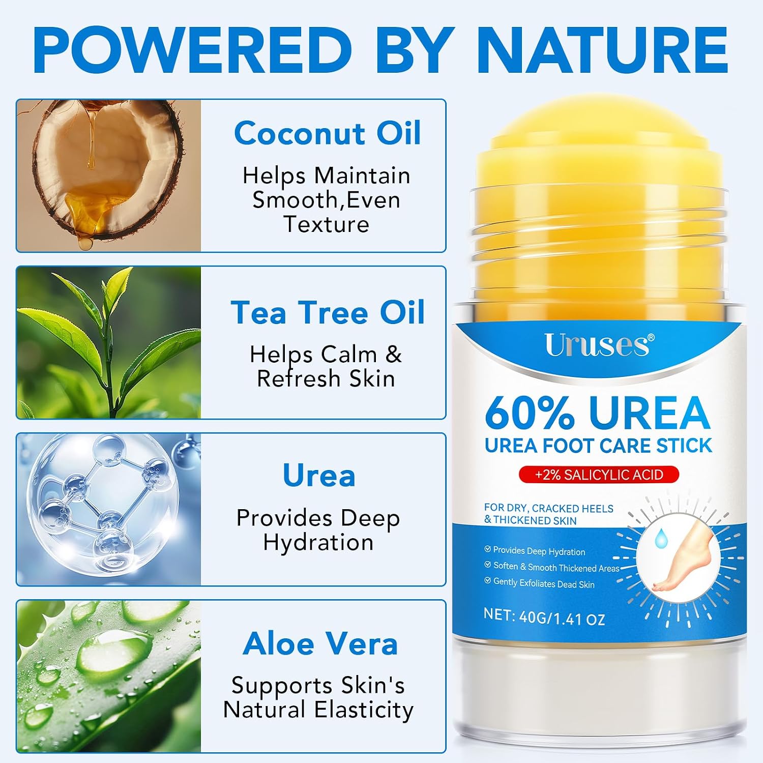 Uruses Urea Cream 60% plus Salicylic Acid 2% Urea Foot Care Stick, Foot Cream for Foot Callus Remover, Feet Moisturizer Stick for Dry Cracked Heels, Hands, Knees, Hydrating Heel Balm, Easy To Use - Image 5