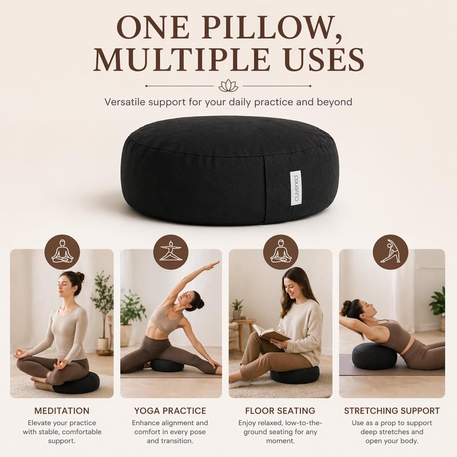 Meditation Cushion - 15" Buckwheat Pillow with Removable Cotton Cover and Carry Handle - Round Floor Cushion for Yoga, Meditation, Pilates, and Floor Sitting - Meditation Pillow by Cuvered - Image 4