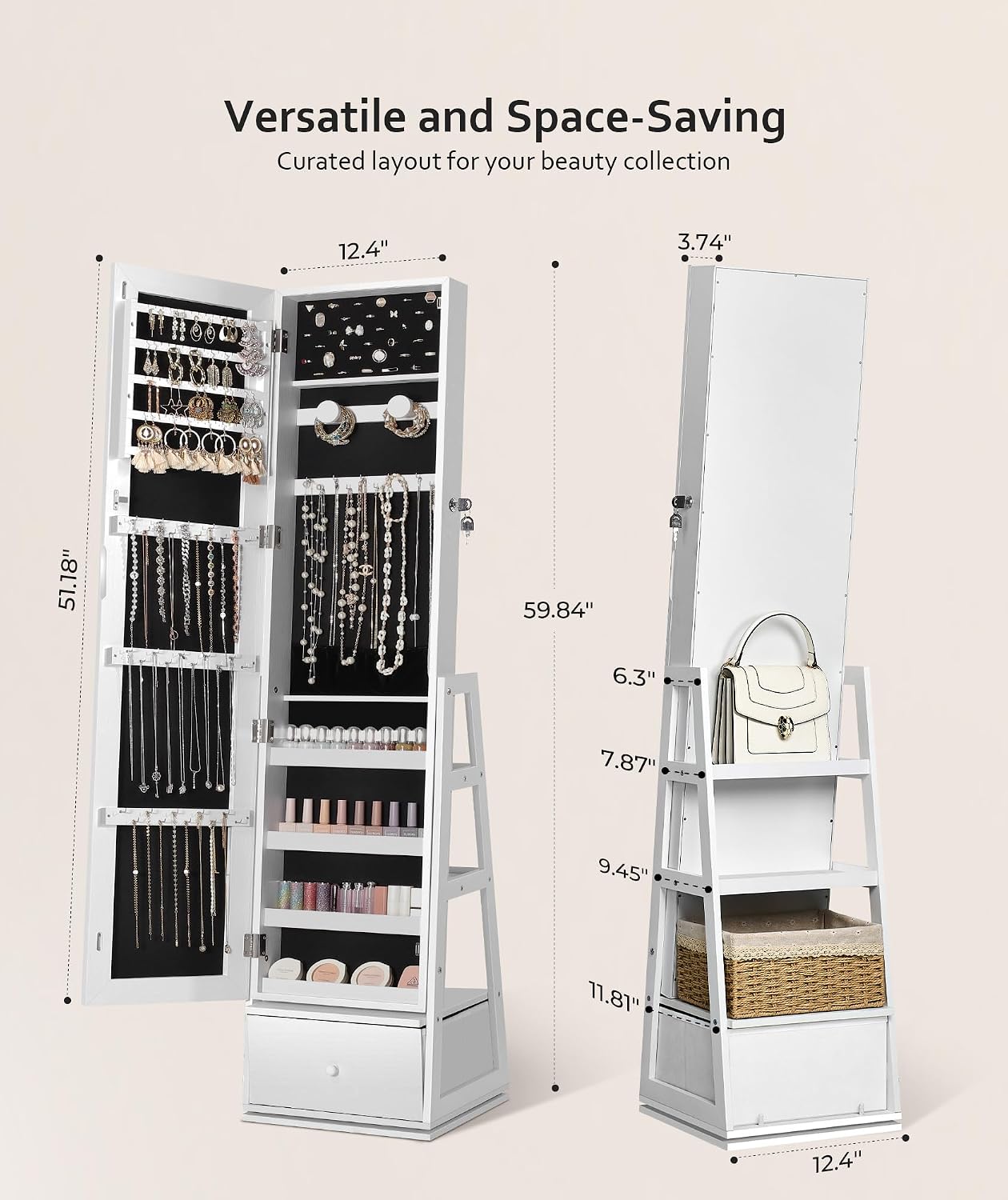 360° Swivel Jewelry Cabinet, Full Length Mirror, Lockable | Rotatable Jewelry Armoire Organizer, Standing Mirror with Storage, 3 Rear Shelves + Bottom Drawer, Gift Idea, Pure White - Image 6