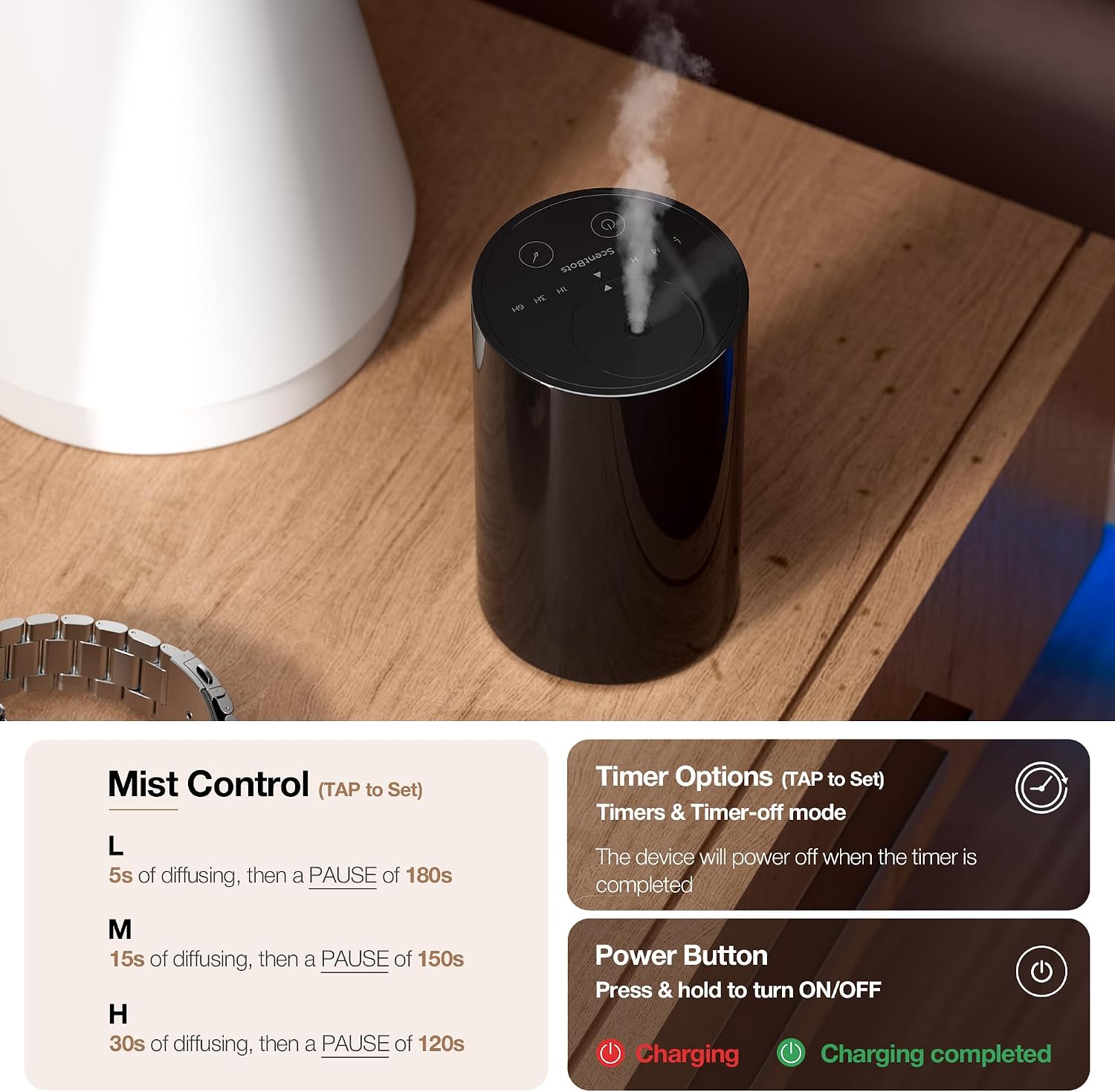 ANZ Waterless Diffuser for Essential Oil for Home, Room, Black | Up to 600 sq ft, Battery Operated, 20mL, Timers & Mist Levels, Car Diffuser, for Office, Bathroom, Cold Air, Portable - Image 2