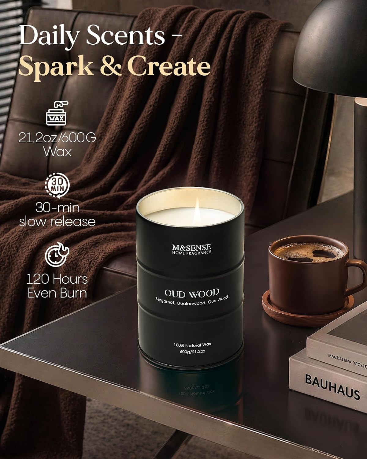 M&SENSE Oud Wood Scented Candle, Large, Natural Soy Wax, 21.2oz | Natural Large Soy Candle - Image 4
