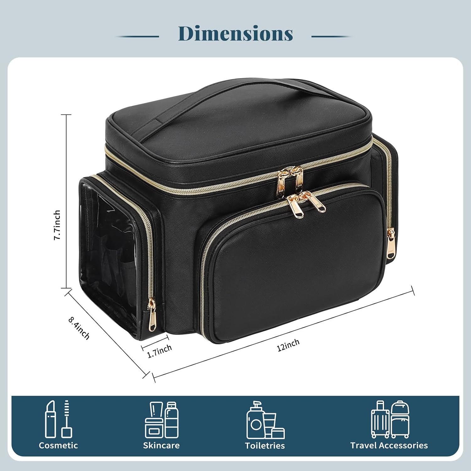 Bagmoly Large Makeup Bag, Portable Travel Makeup Bag Organizer for Women Girls with Makeup Brush Compartment & Two Side Pockets, Cosmetic Travel Bag Vertical Storage Toiletry Bag - Black - Image 6