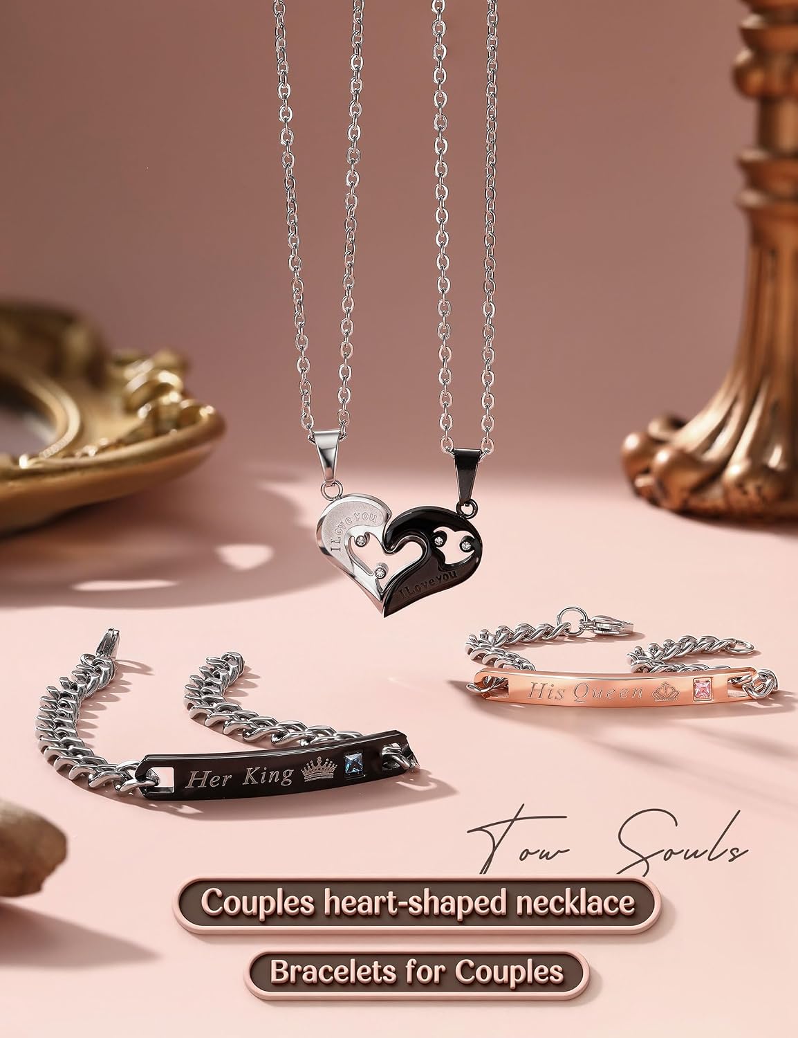 Jstyle 4Pcs Couples Jewelry Set, Matching Necklace Bracelet for Him and Her | Stainless Steel Heart Pendant Necklaces, His Queen /Her King Link Bracelets, Couples Jewelry Set, Valentine's Day Gifts - Image 4