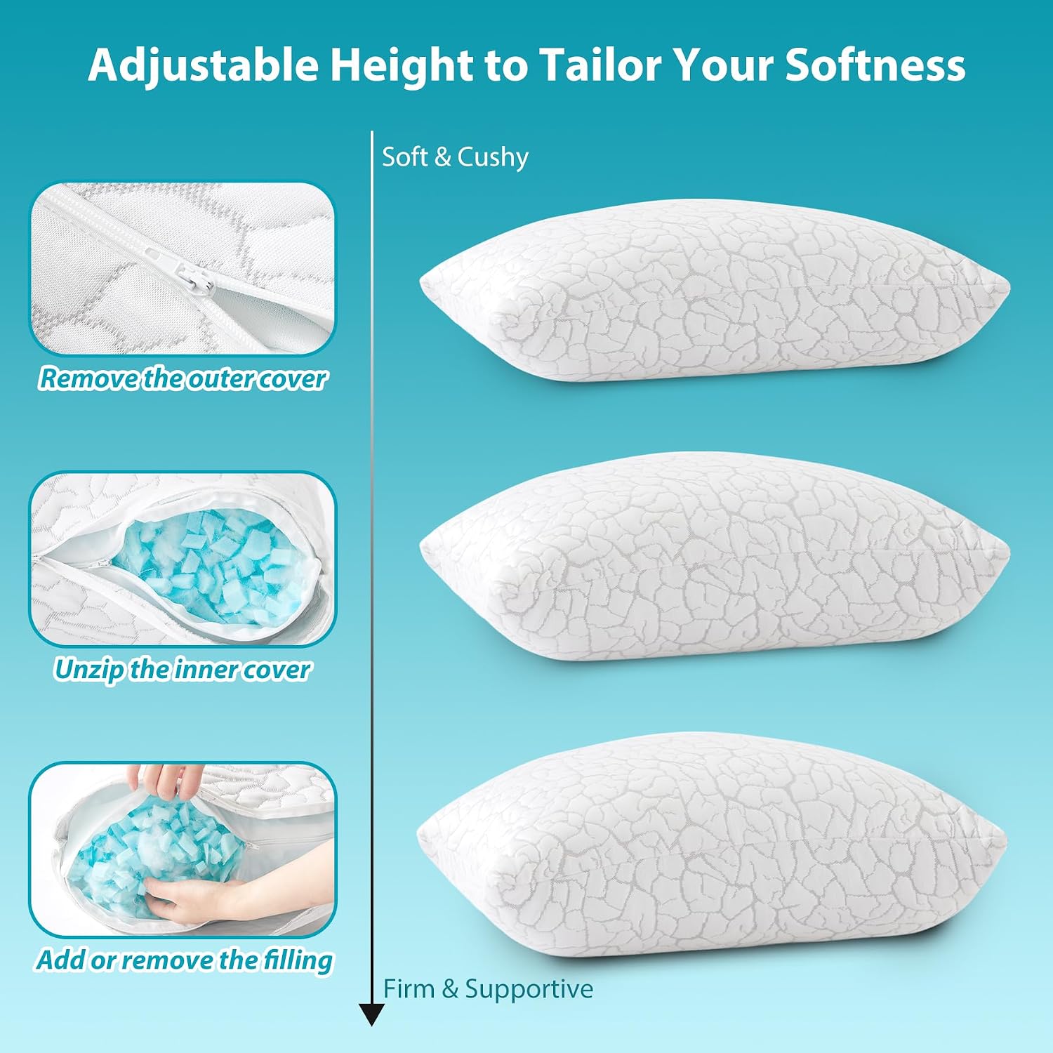 Cooling Pillows Queen Size Set of 2, Memory Foam Firm Bed Pillows | Adjustable, For Hot Sleeper, Side Back Stomach Sleeping, Cold Pillow, Neck and Shoulder Pain Relief, Removable Washable Cover - Image 5