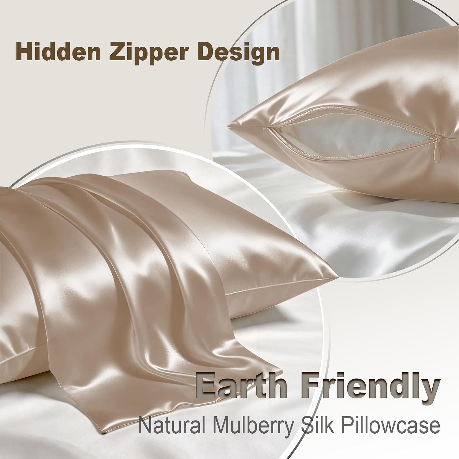 LYSHIN Silk Pillow Cases Standard Size with Hidden Zipper, Champagne | 19 Momme Mulberry Silk Pillowcase for Skin and Hair, Anti-Acne, Hypoallergenic, Cooling, Beauty Sleep, Gifts for Women - Image 2