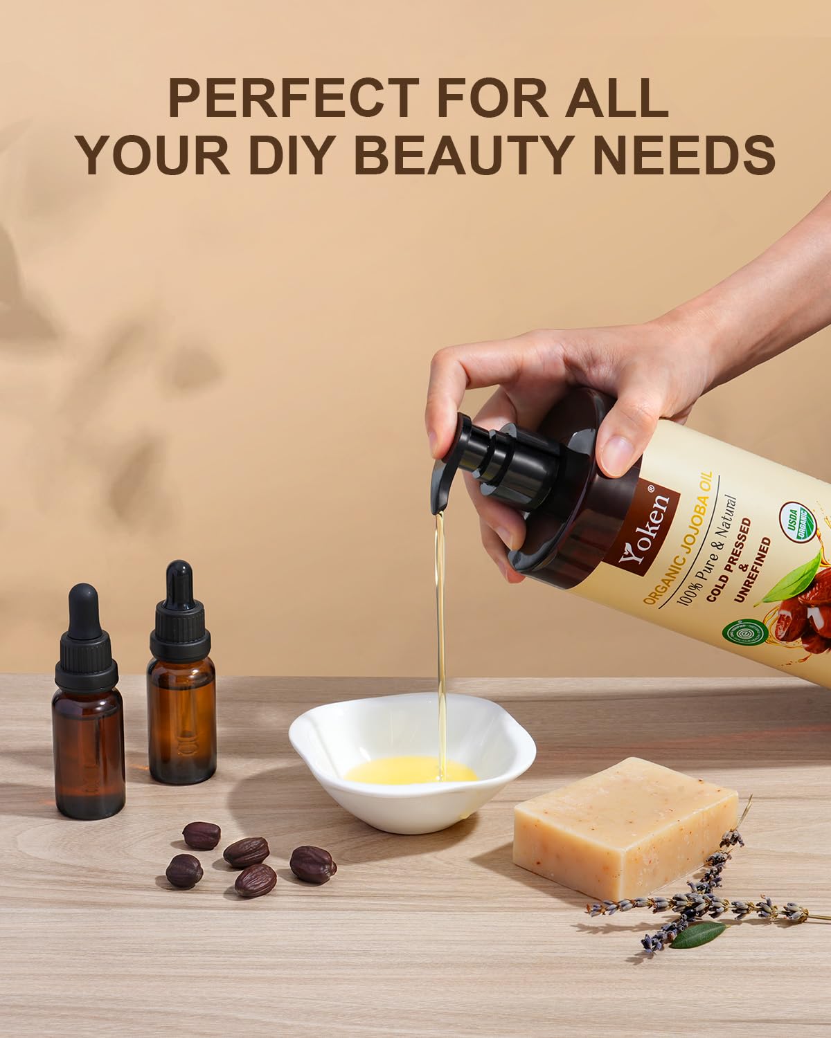 Yoken 32 fl oz (EWG Verified) 100% Pure Jojoba Carrier Oil - Unrefined, Hexane-Free, Cold Pressed for Skin, Face, Hair, Nails, and Massage | Body Oil For Women After Shower Unscented Carrier Massage Moisturizer Hydrating Nourishing Essential Oil Mixing - Image 5
