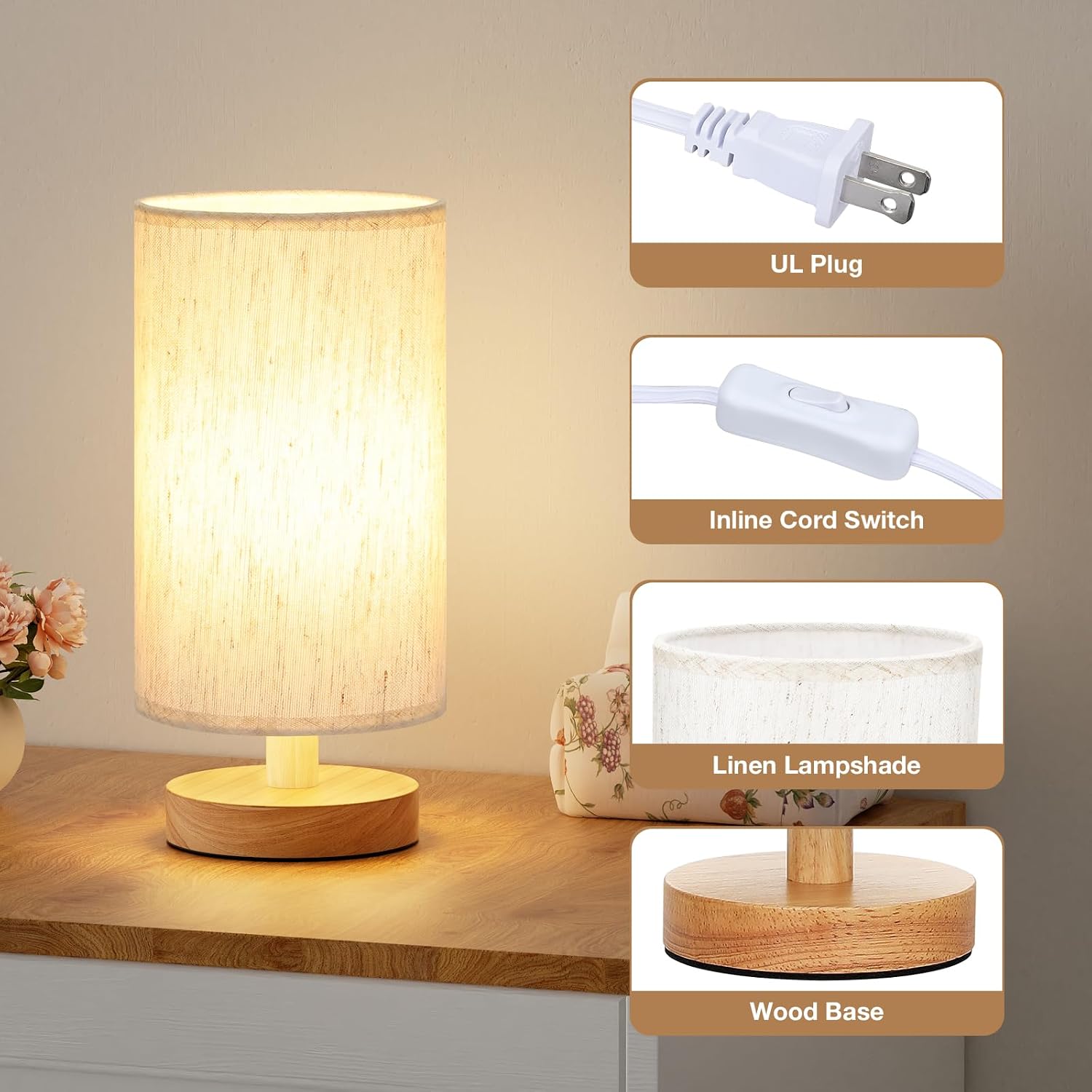 9" Small Table Lamp for Bedroom - Inline Control with 3000K Blub | Cream Shade and Wood Base | 680 Lumens | Easy Assembly | Minimalist Design | E26 | for Kitchen | for Kids Room - Image 2