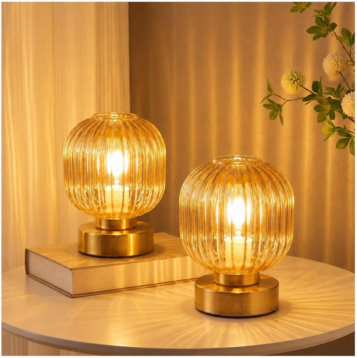 Elenhome Amber Touch Glass Table Lamp Set of 2, 3-Way Dimmable Bedside Lamps, Vintage Mid-Century Modern Nightstand Lamps for Bedroom and Living Room, Ambient Mood Lighting, LED Bulb Included