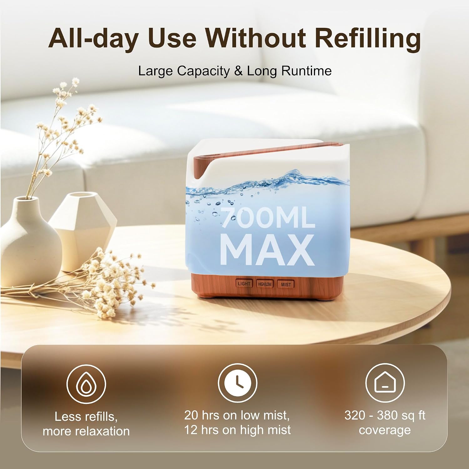 ASAKUKI Essential Oil Diffuser for Home Large 700 ml Humidifier | Automatic Shut-Off, Scent Aromatherapy Diffuser with 7 LED Lights for Living Room, Kitchen, Bedroom, Hotel - Yellow - Image 5