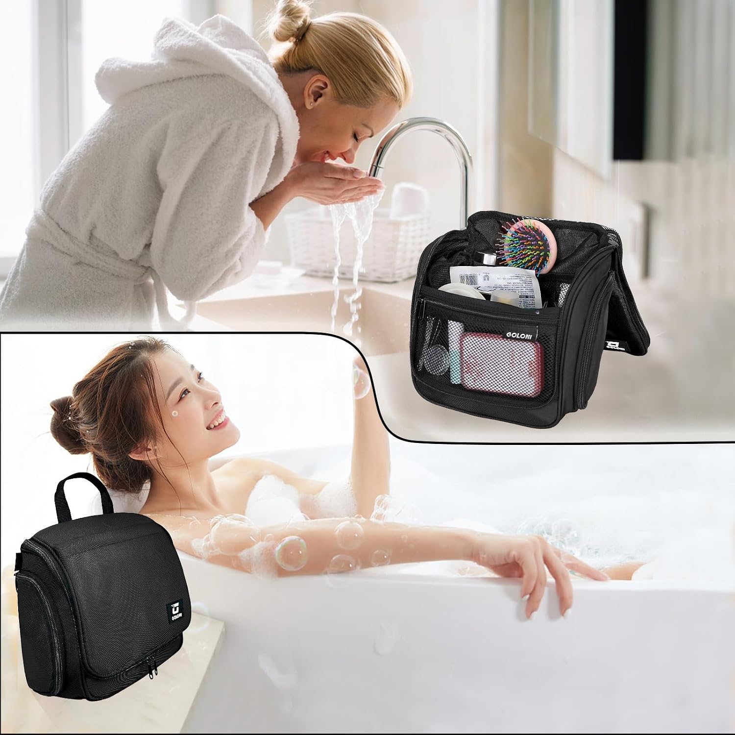 Hanging Toiletry Bag, 10 Compartments Water-Resistant Makeup Bag with 360° Spinning Metal Hook, Large Travel Cosmetic Organizer for Men & Women, Black (7.05oz) - Image 7