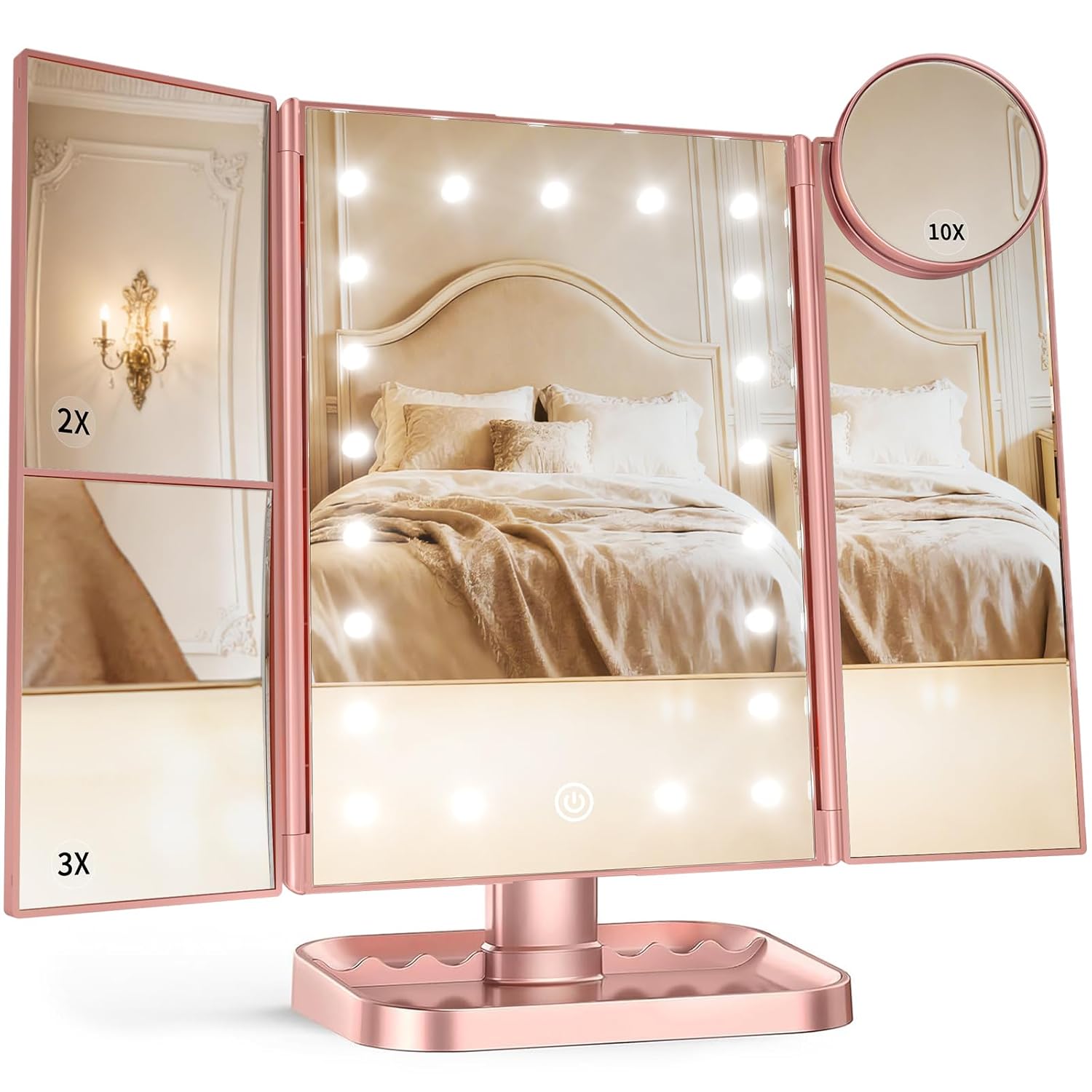HUONUL 2X/3X/10X Magnifying Vanity Mirror with Light, Trifold Makeup Mirror | Touch Dimming, Dual Power, Clear View for Makeup, Skincare. Dorm Room Essentials. Birthday Gifts for Women, Mom, Wife, Girls