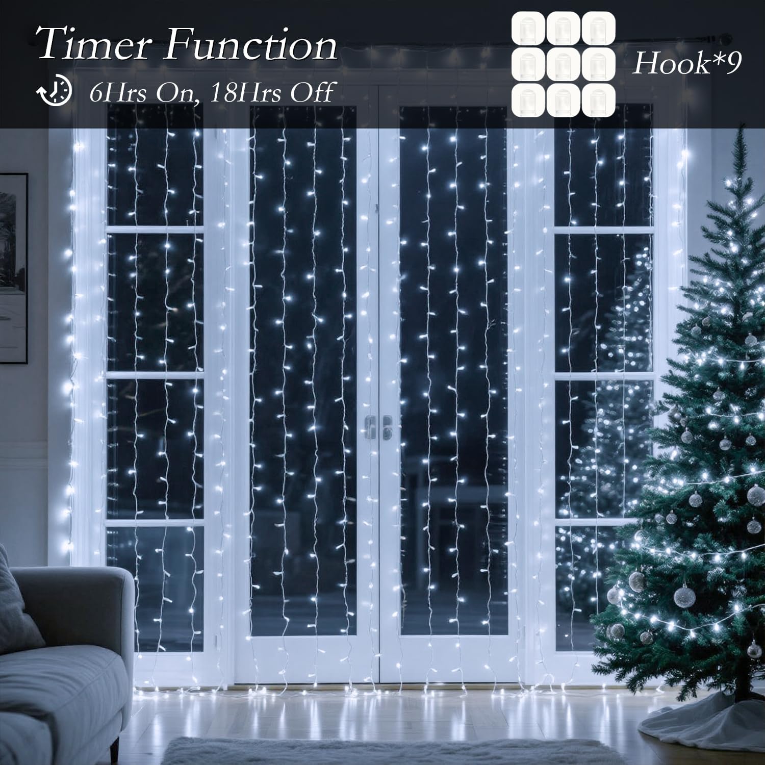 300 LED Cool White Curtain String Lights 9.8x9.8FT Plug in Fairy Lights with 9 Hooks Dimmable Timer & 8 Modes IP44 Waterproof Bedroom Office Wall Wedding Backdrop Christmas Indoor Outdoor Decor - Image 8