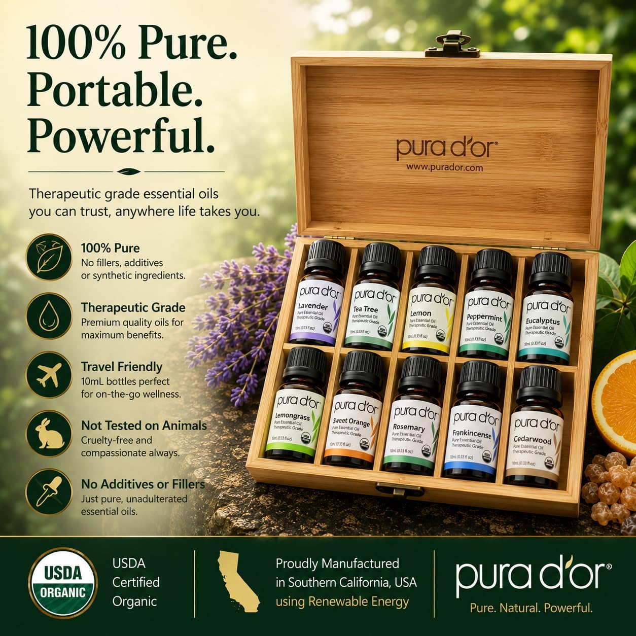 PURA D'OR Organic Perfect10 Essential Oils Aromatherapy Box Set, 10mL x10 | Diffuser Blends, Gift-Ready Wood Case, USDA Certified, 100% Pure, Massage, DIY Beauty, Home Fragrance, Relaxation Routine - Image 4