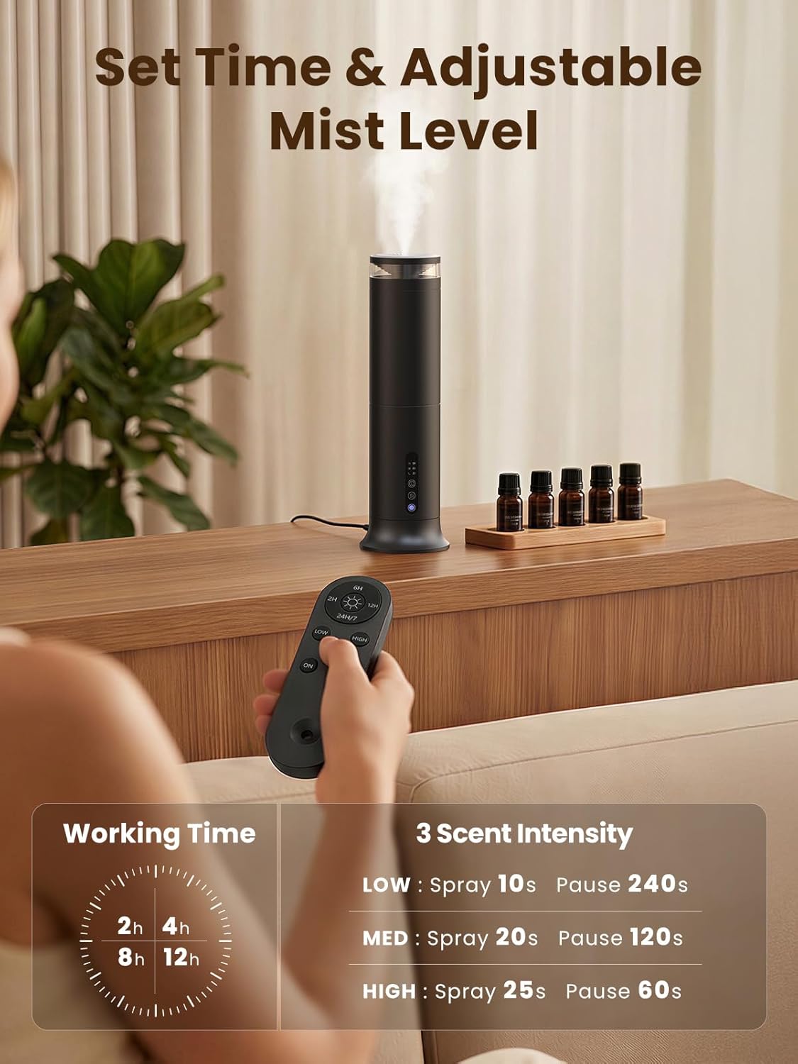 XEITIN Tower Waterless Diffuser with 5 Hotel-inspried Scent Oil Set | 2000 Sq.ft Whole-house Aroma, Cold Air Diffuser for Home Office Hotel, Pet-Friendly, Remote & Panel, 3 Timer & Intensity - Image 5