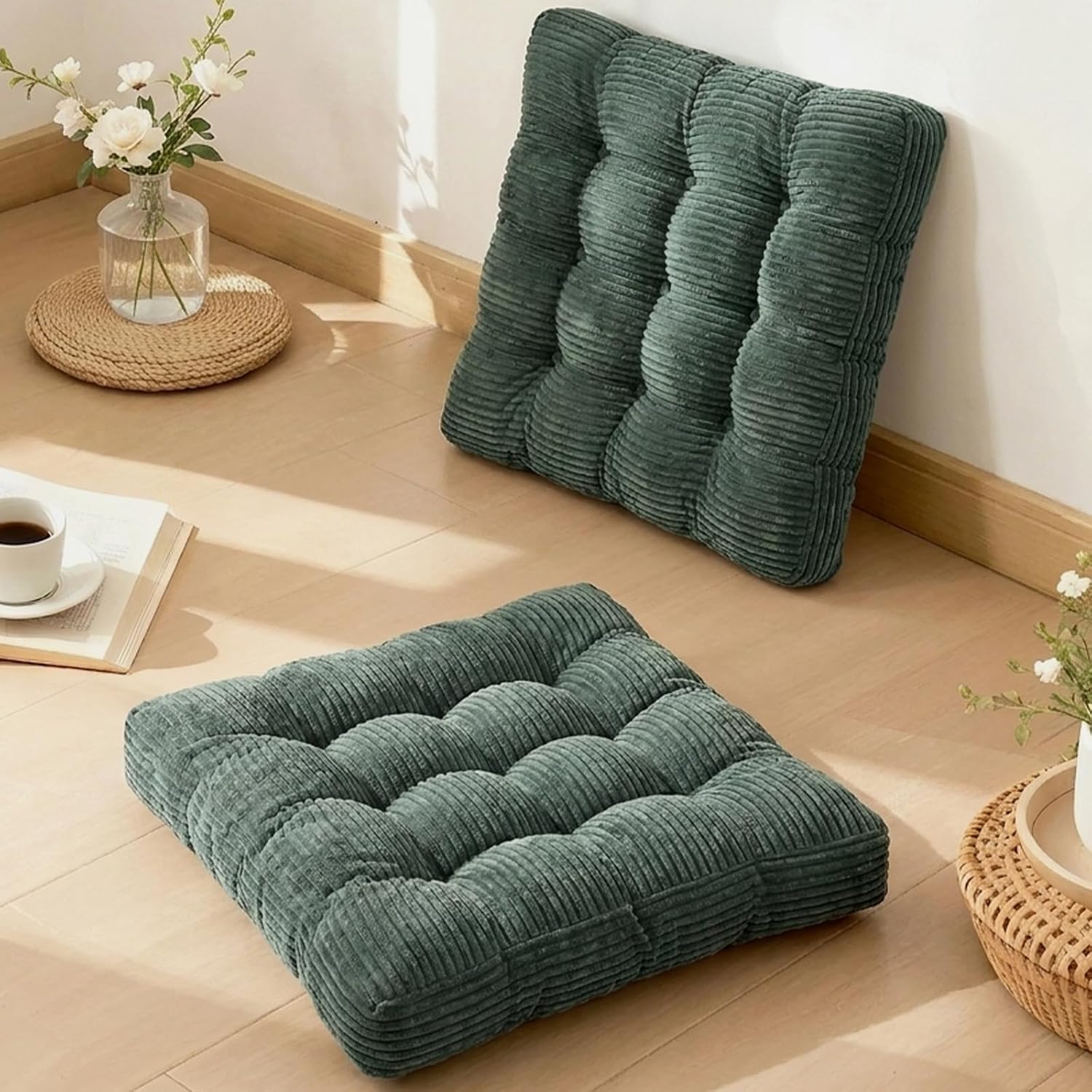 Meditation Floor Pillow Set of 2,Memory Foam Meditation Cushion for Adults Sitting, Large Square Thickened Seat Cushions for Yoga, Tatami Living Room (2, Dark Green)