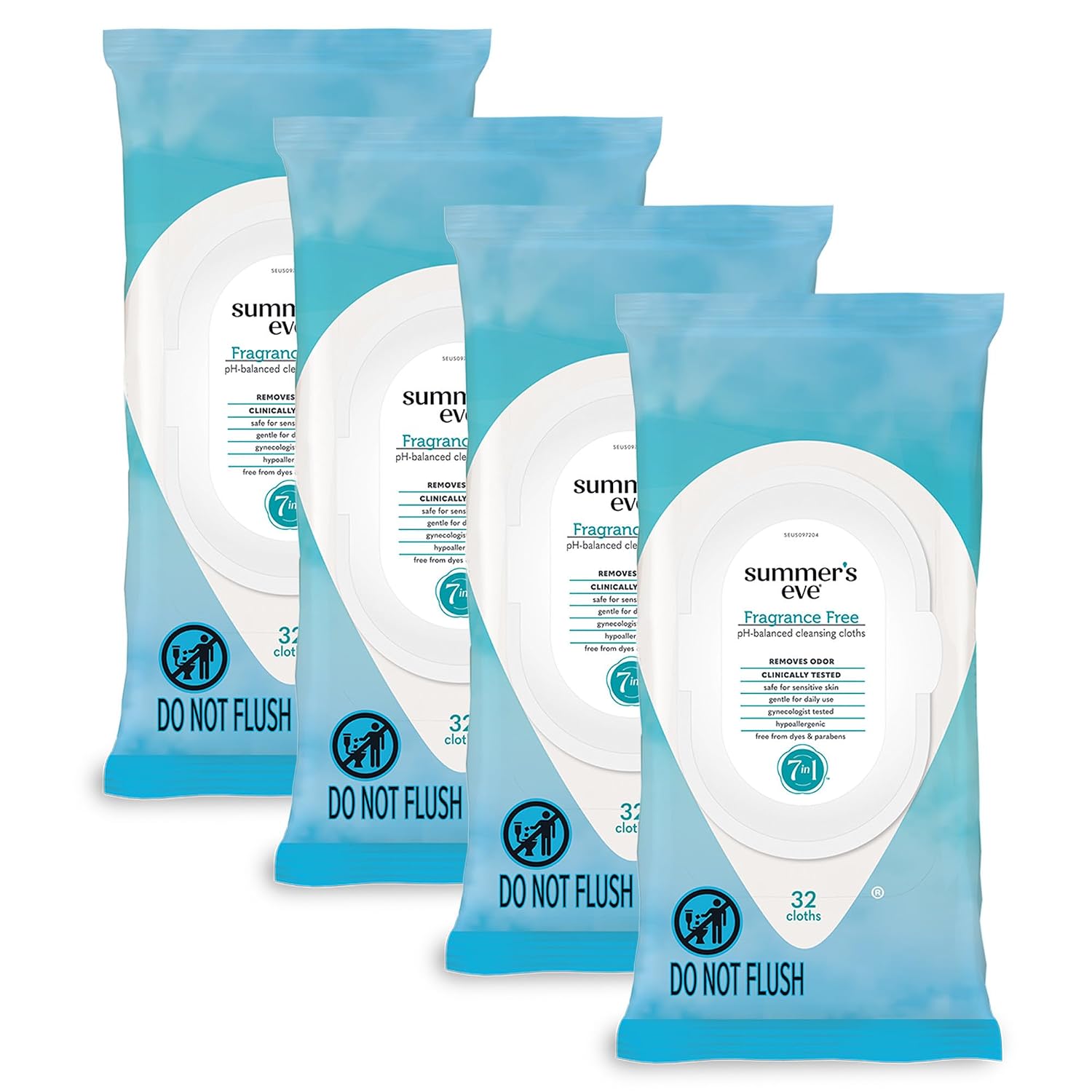 Summer's Eve Feminine Wipes, Fragrance Free, Vaginal Wipes with Gentle pH-Balanced Micellar Water Formula, Feminine Care to Help Remove Vaginal Odor, Gynecologist Tested, 32 Wipes, 4 Pack