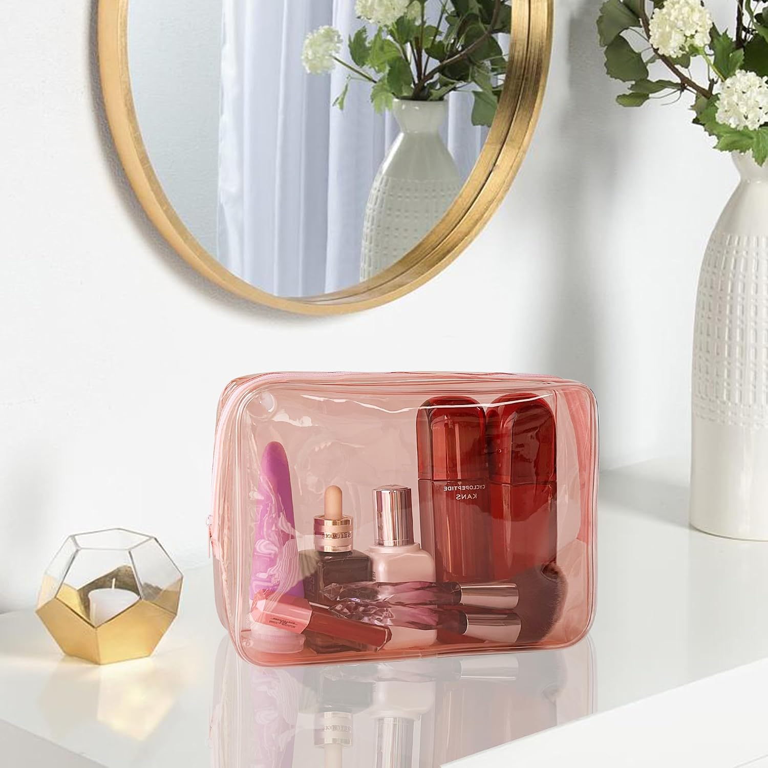 Waterproof PVC Makeup Bag - Leakproof Cosmetic Organizer for Travel Toiletry Storage 9.84×7.09×2.36 Inch for Women & Men (Brown) - Image 4