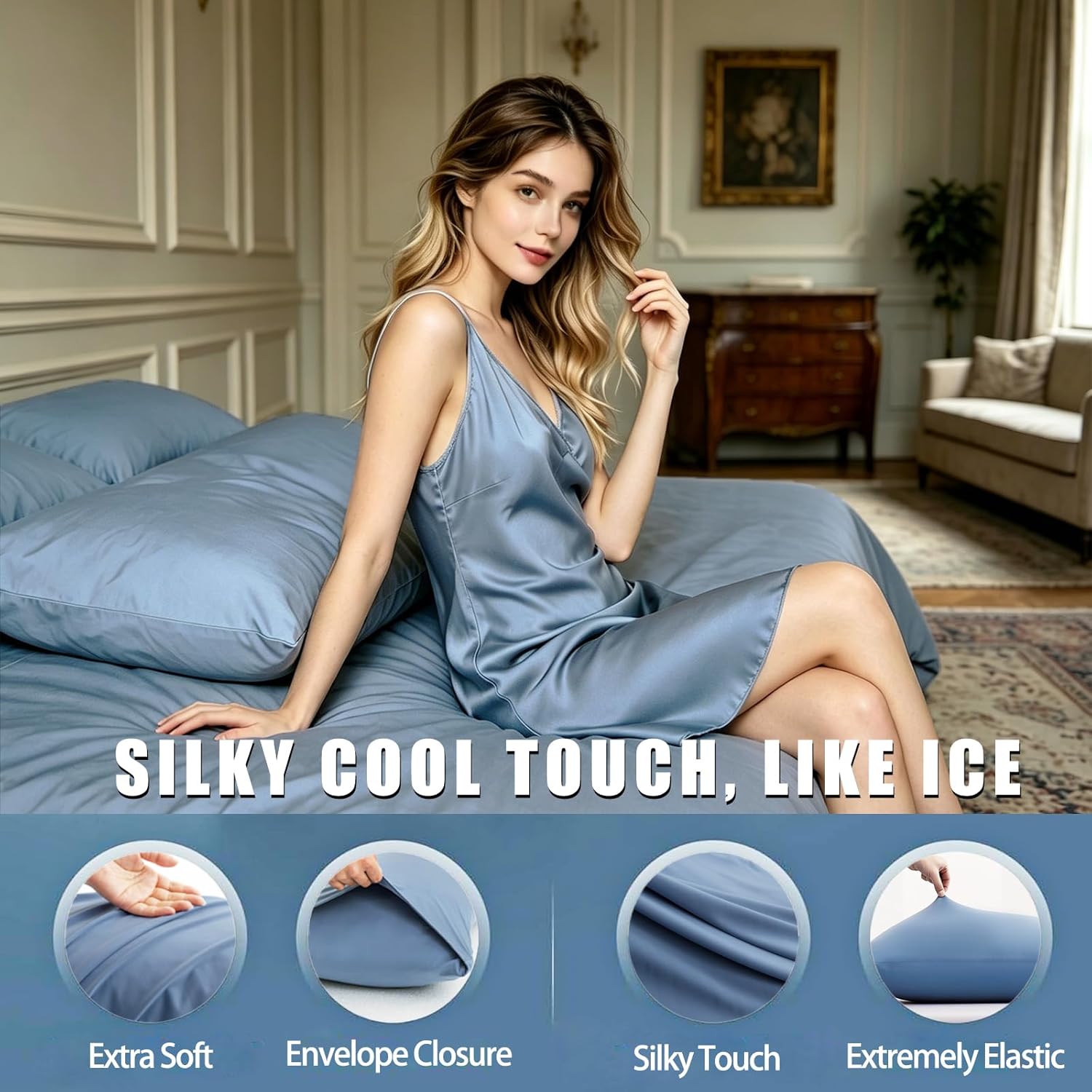 TELUS Cooling Body Pillow Case, Silky Soft Breathable Pillowcase with Envelope Close, Stay Cool All Night Pillow Cover for Hot Sleepers and Night Sweats, 20x54 Inch, Blue - Image 5