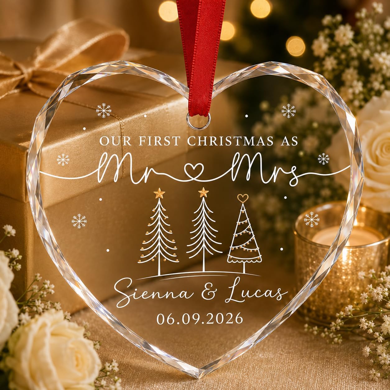 Mr Mrs Ornament - Christmas Wedding Gift for Newlywed Couple - Merry & Married Glass Ornament - Our 1st Christmas Mr Mrs Gifts for Bride, Groom, Husband, Wife - Image 2