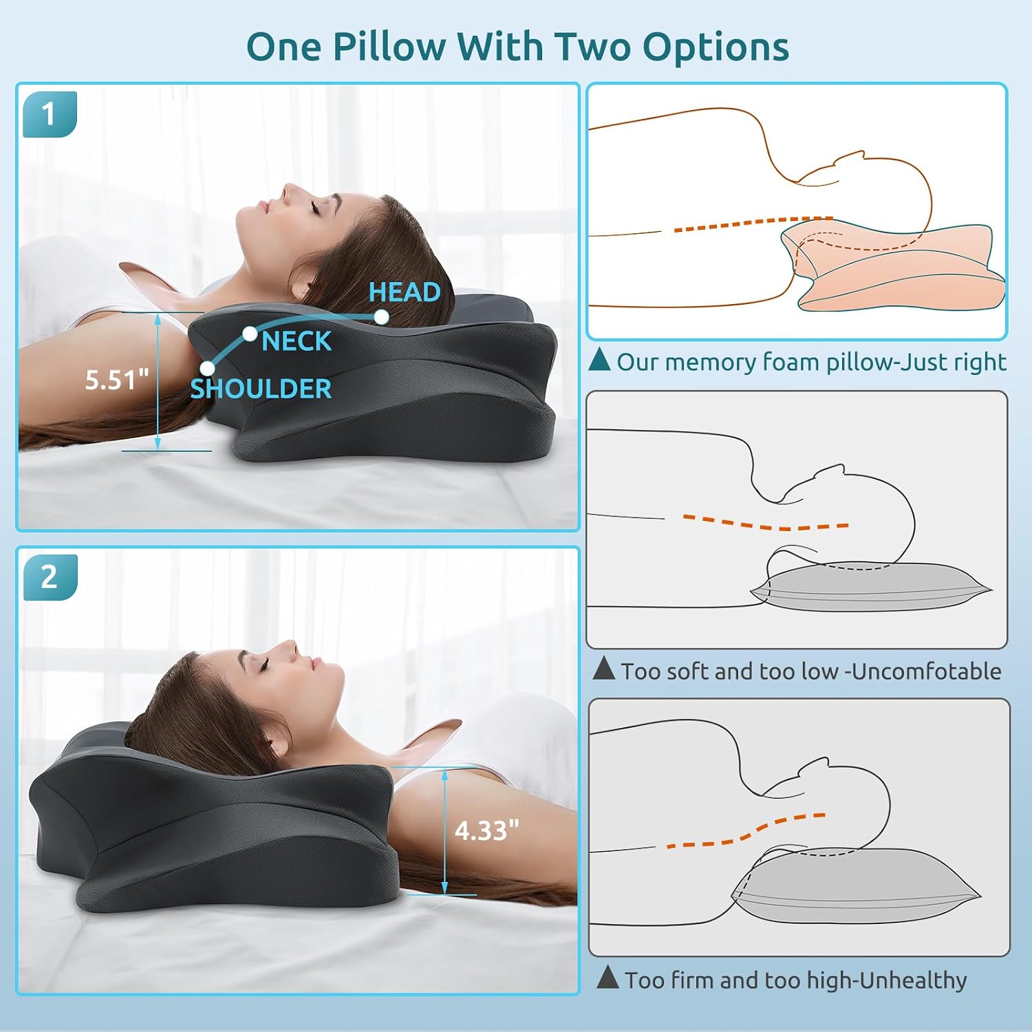 DONAMA Cervical Pillow for Neck and Shoulder Pain Relief, Cooling Contour Memory Foam Pillow, Dual-Height Ergonomic Neck Support Pillow for Side Back Stomach Sleepers with Removable Pillowcase - Image 4