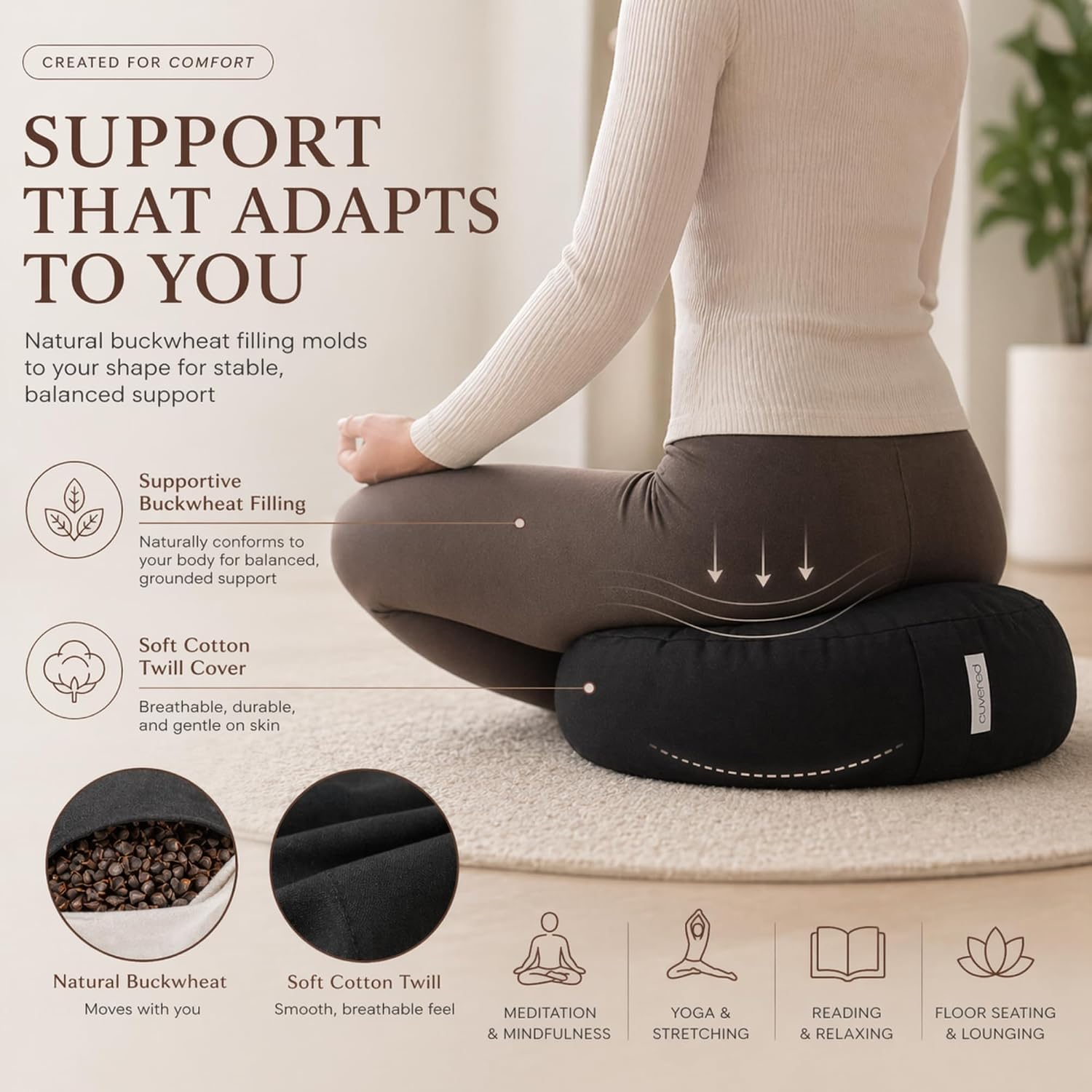 Meditation Cushion - 15" Buckwheat Pillow with Removable Cotton Cover and Carry Handle - Round Floor Cushion for Yoga, Meditation, Pilates, and Floor Sitting - Meditation Pillow by Cuvered - Image 2