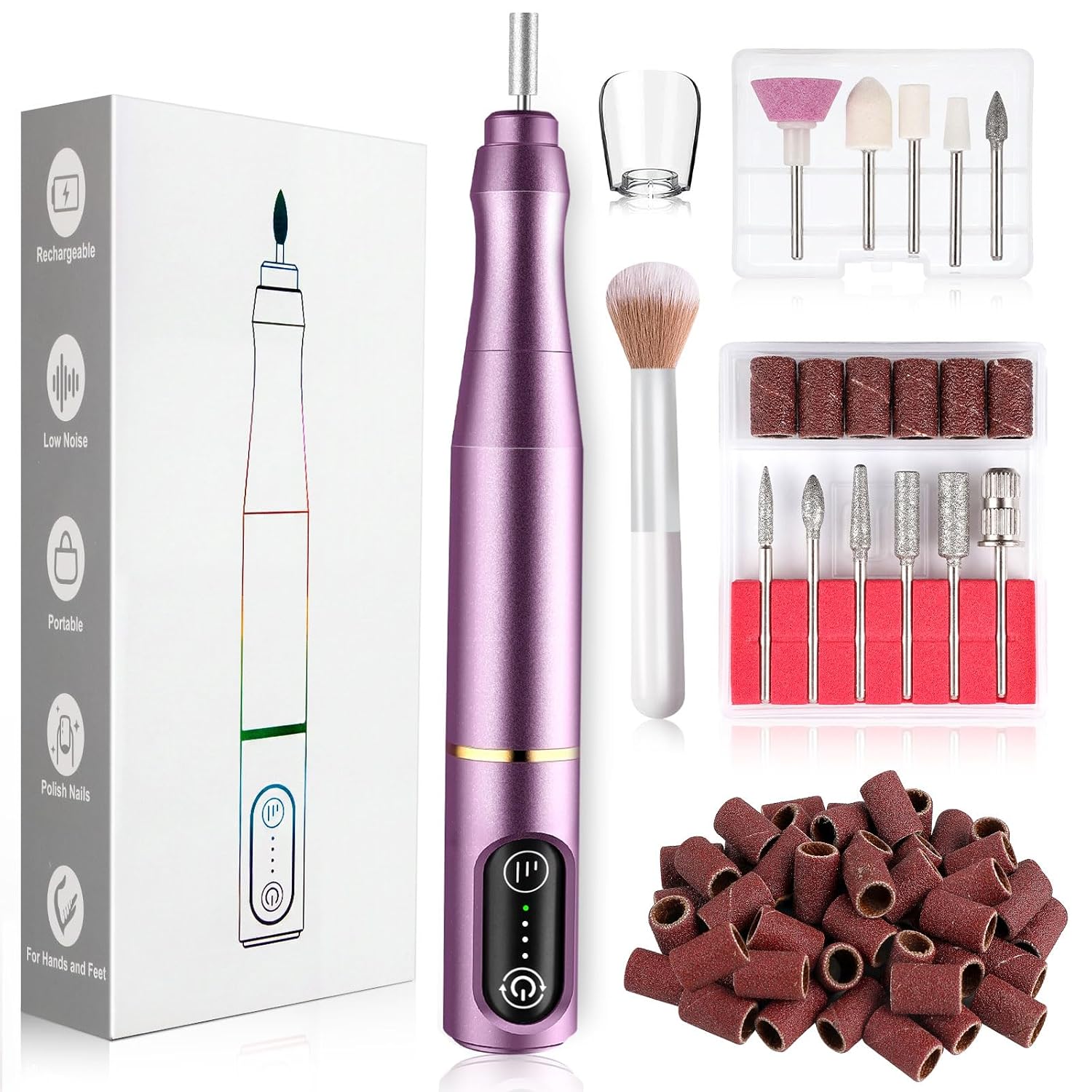 TUOBEO Cordless Nail Drill Electric Nail File Kit, Rechargeable Efile Set | Portable Acrylic Gel Nail Polish Remover Machine, Pedicure Manicure Tool, 11 Bits, 56 Sanding Bands, Salon Home, Purple