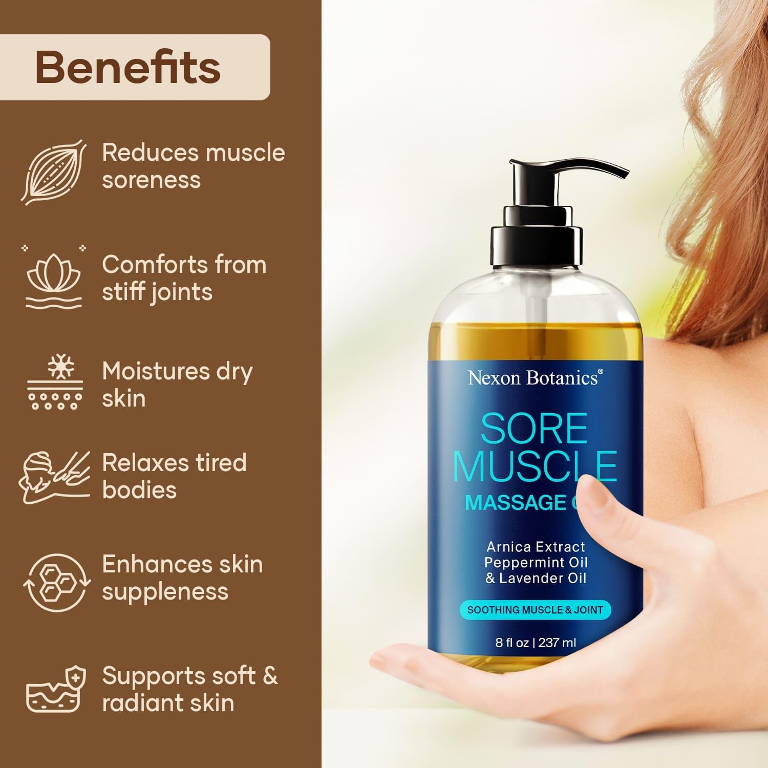 Sore Muscle Massage Oil for Massage Therapy & Gua Sha with Arnica 8 fl oz | Refreshing and Relaxing - Natural Oil Blend with Peppermint and Lavender Oil - Nexon Botanics - Image 3