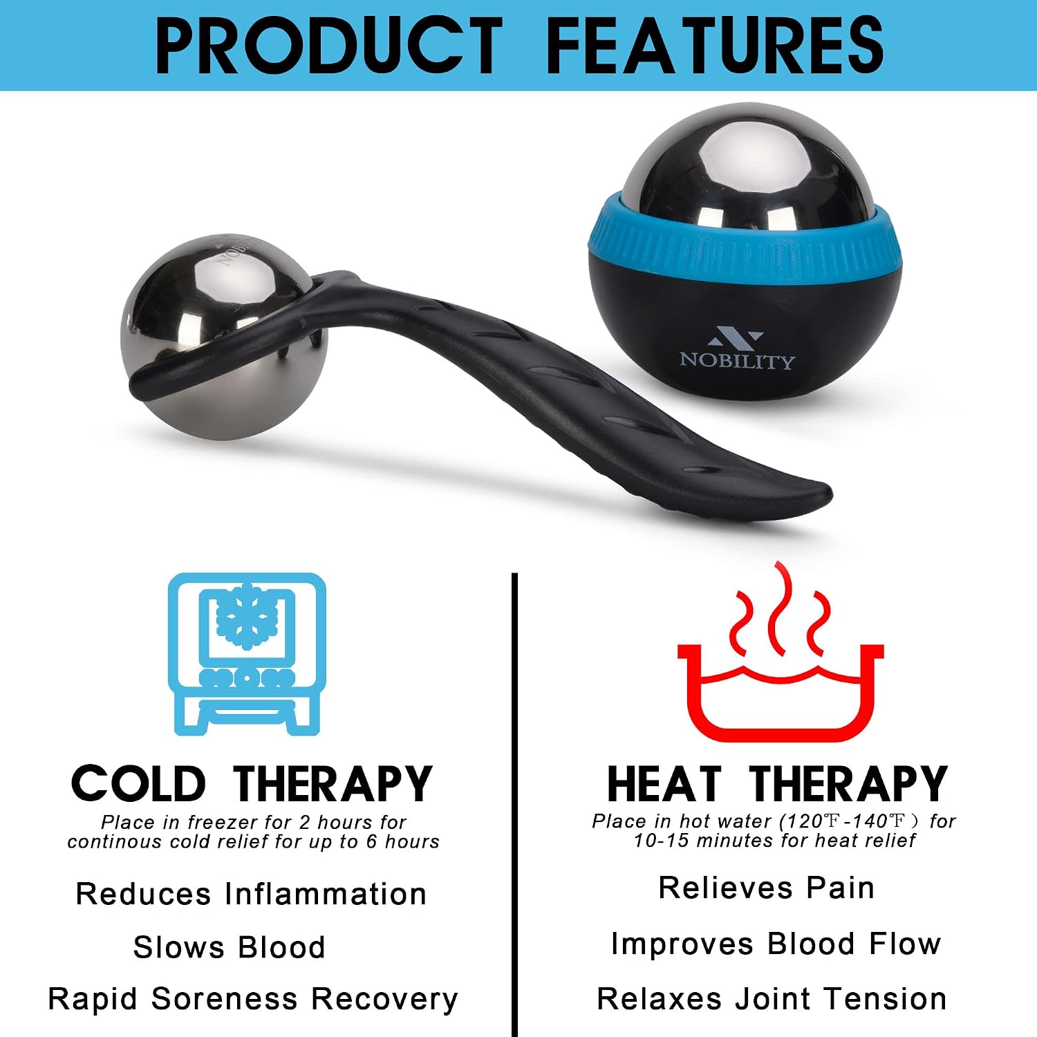 Nobility Massage Ball Roller– Ice Cold and Hot for Deep Tissue and Sore Muscle Relief of Stiffness and Stress, Body, Neck, Back, Foot, Plantar (Black) - Image 2