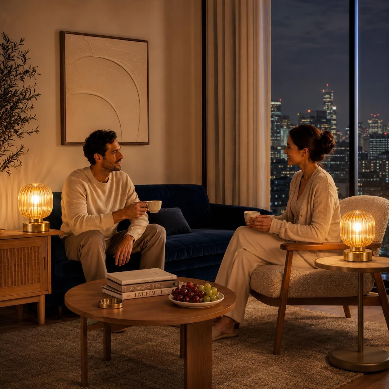 Elenhome Amber Touch Glass Table Lamp Set of 2, 3-Way Dimmable Bedside Lamps, Vintage Mid-Century Modern Nightstand Lamps for Bedroom and Living Room, Ambient Mood Lighting, LED Bulb Included - Image 5