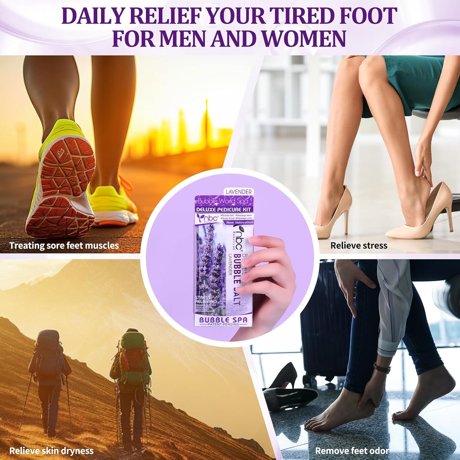Pedicure Kit Foot Soak Set: Bubble Salt, Sugar Scrub, Massage Mask, Massage Lotion in a Box, 4 Step Foot Spa Kit for Dry Feet, Softens Calluses, Tired Feet(3 Set Lavender) - Image 7
