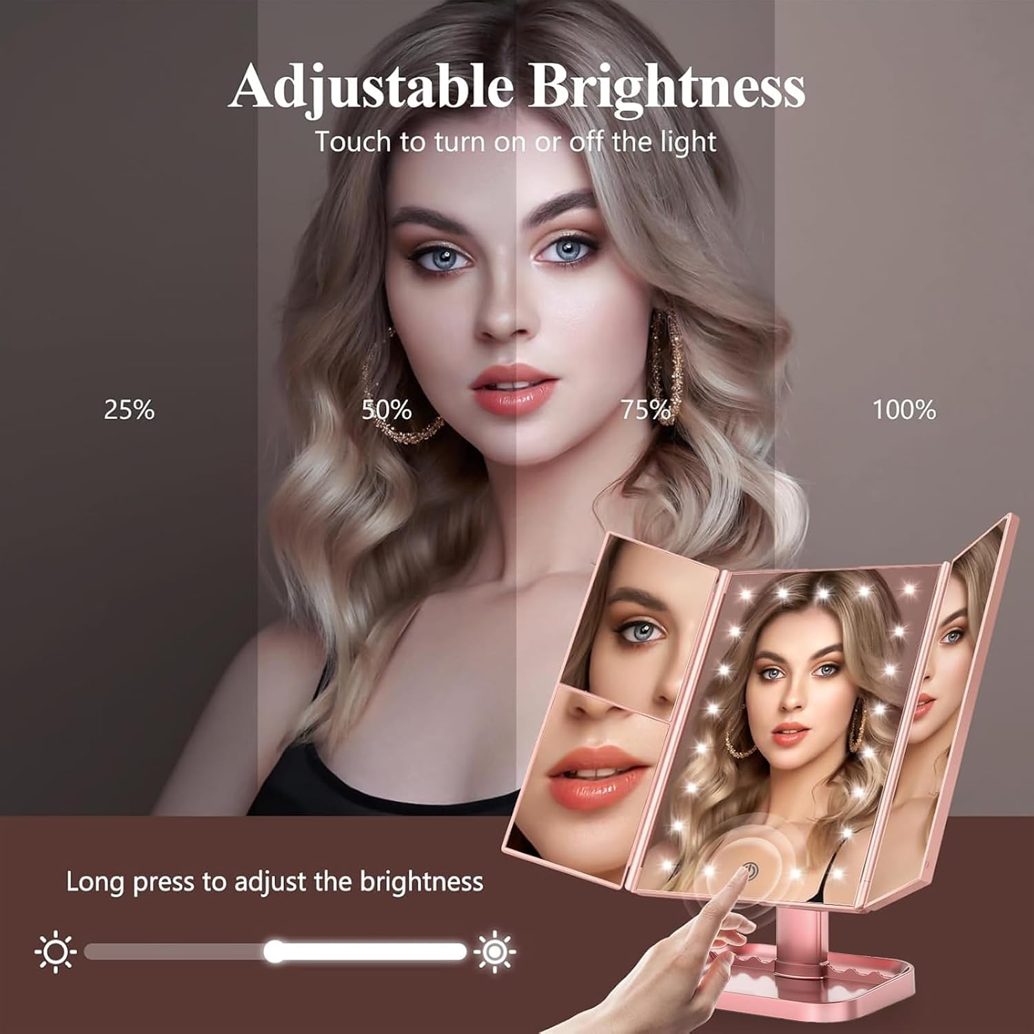 HUONUL 2X/3X/10X Magnifying Vanity Mirror with Light, Trifold Makeup Mirror | Touch Dimming, Dual Power, Clear View for Makeup, Skincare. Dorm Room Essentials. Birthday Gifts for Women, Mom, Wife, Girls - Image 3